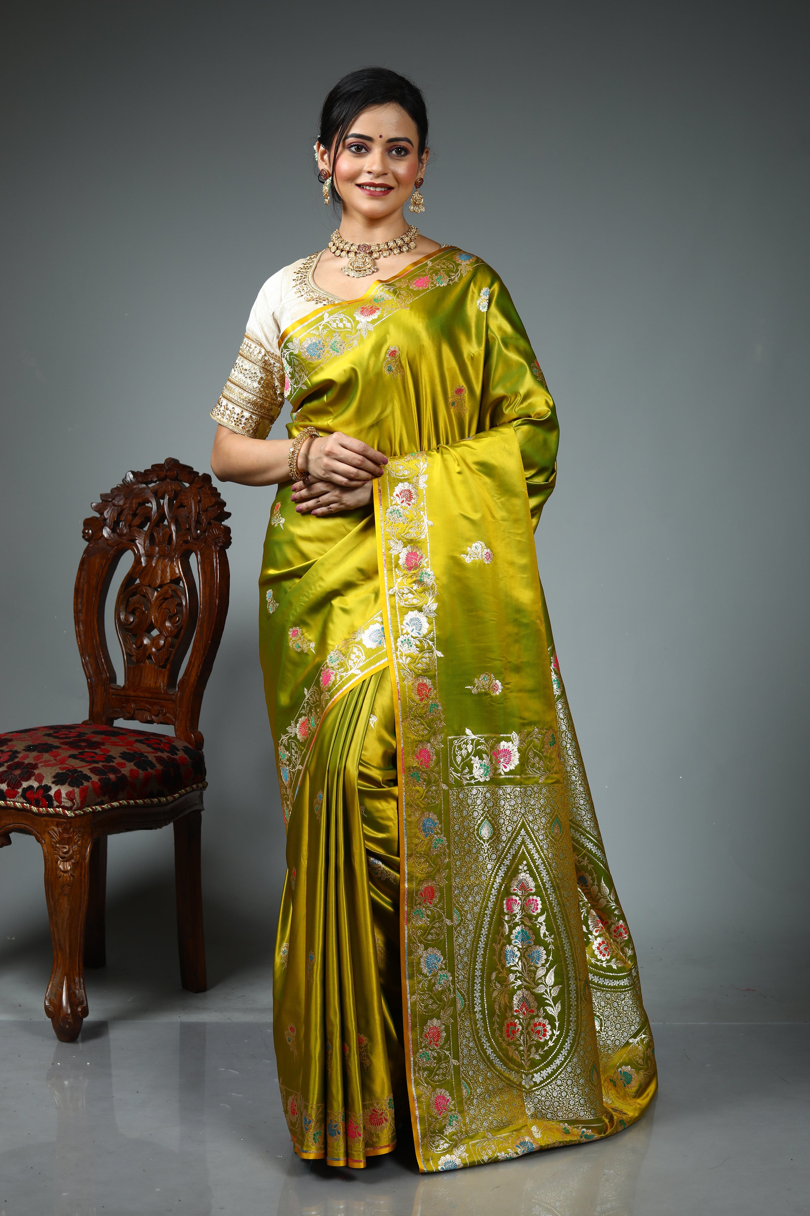 Olive Green Blended Satin Silk Saree