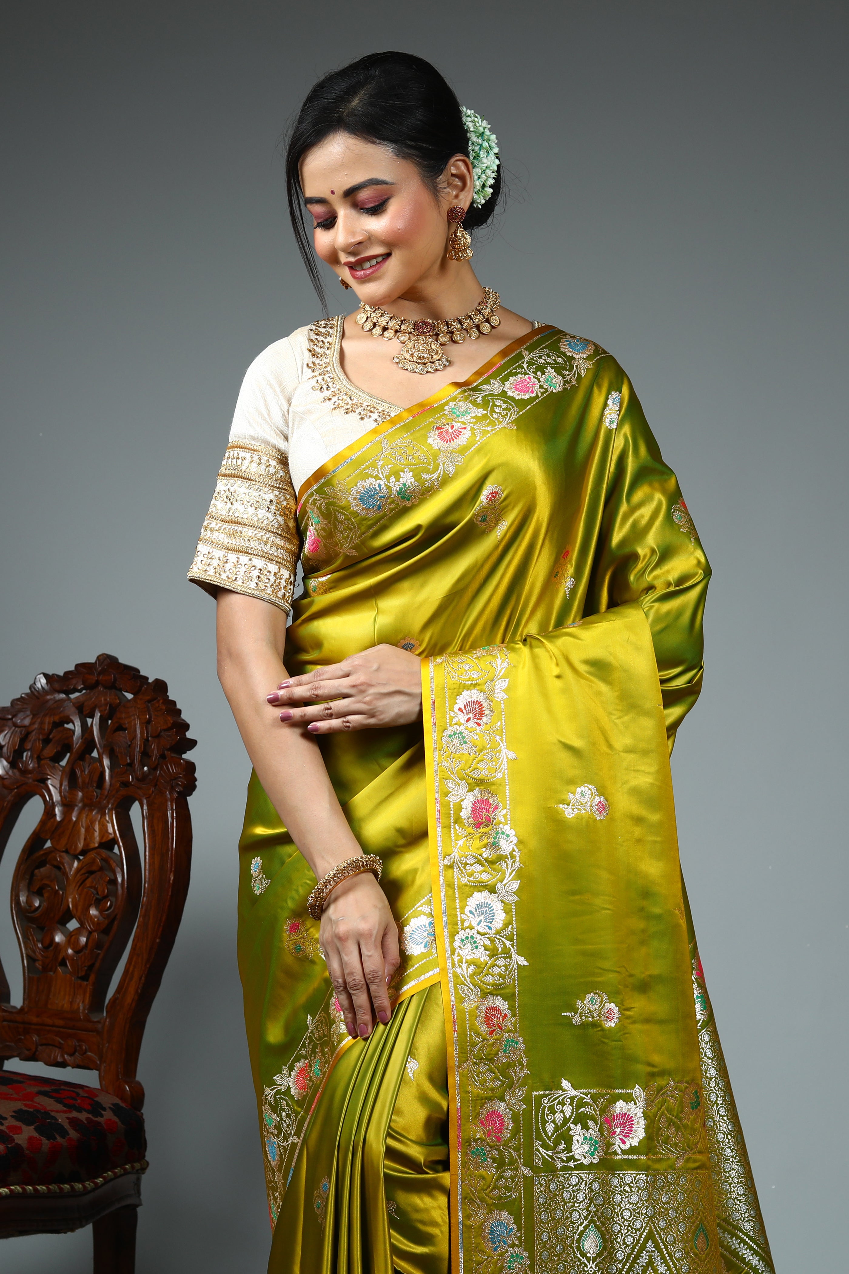 Olive Green Blended Satin Silk Saree