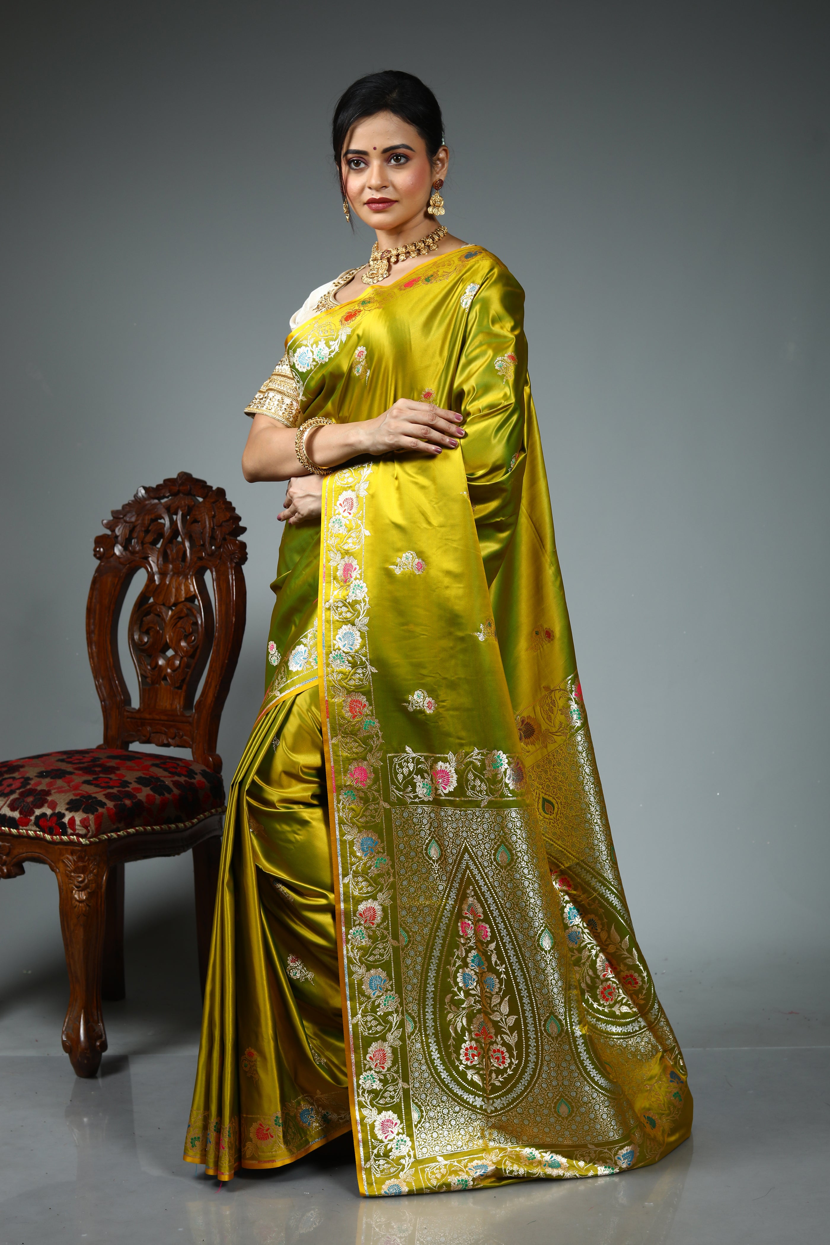Olive Green Blended Satin Silk Saree