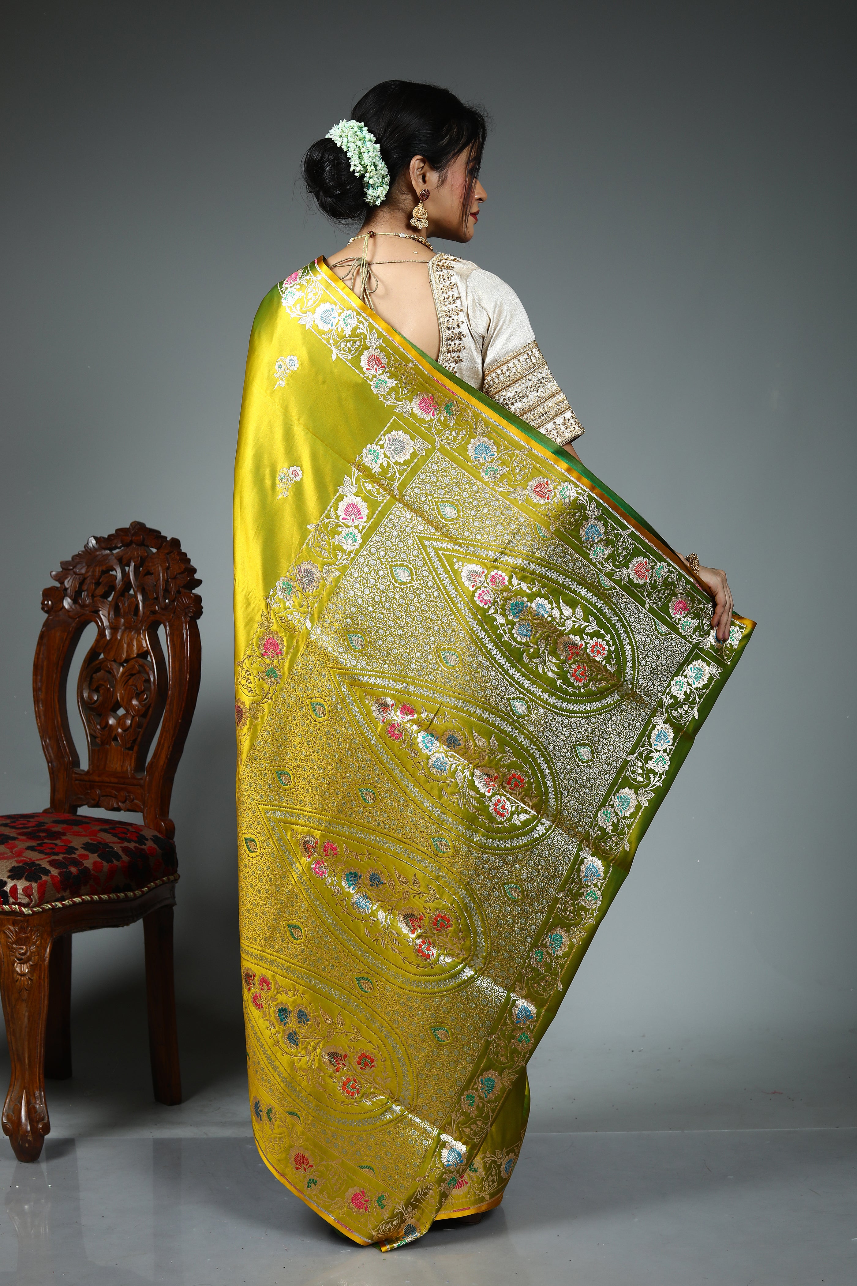 Olive Green Blended Satin Silk Saree