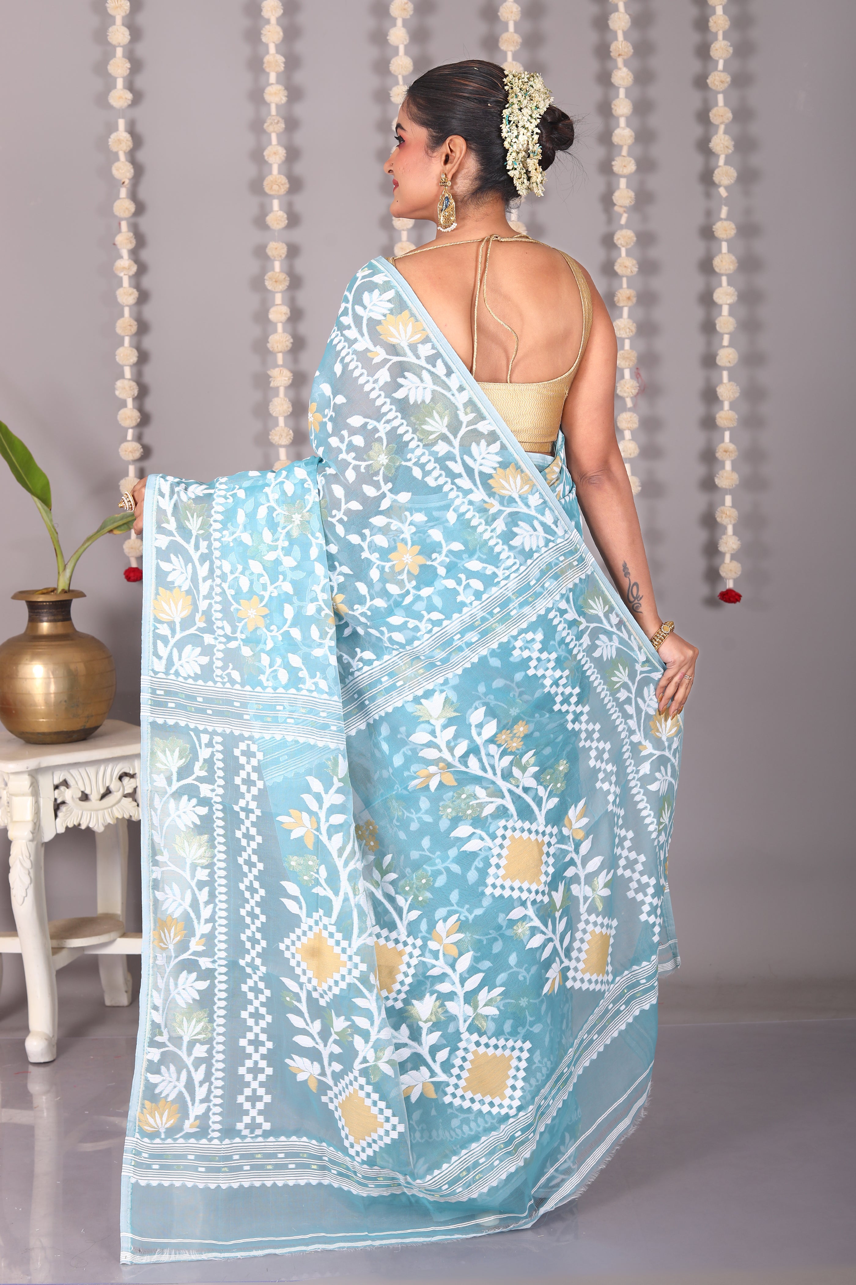 Light Blue Cotton Jamdani Saree - Keya Seth Exclusive