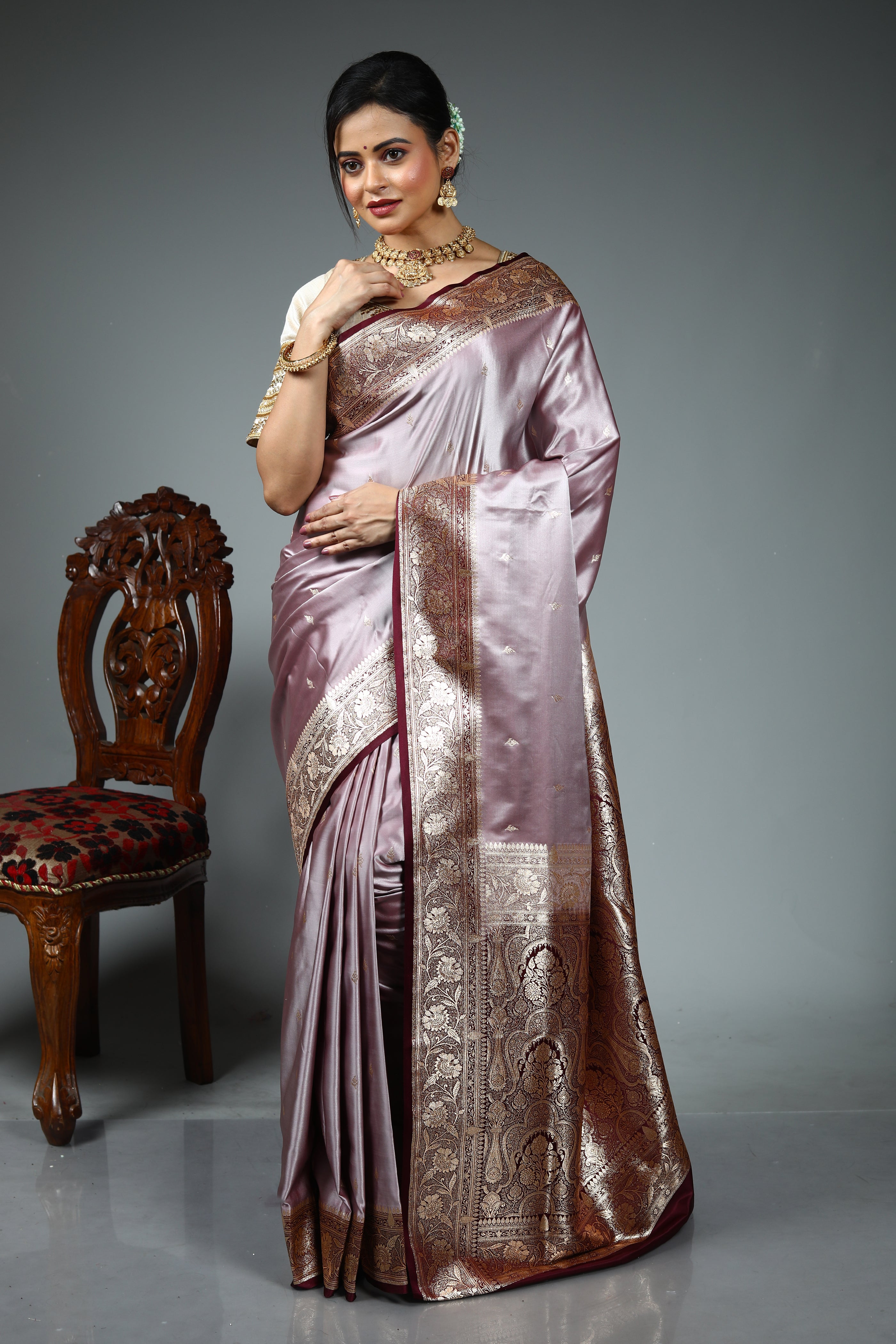 Pastel Maroon Blended Mashru Silk Saree