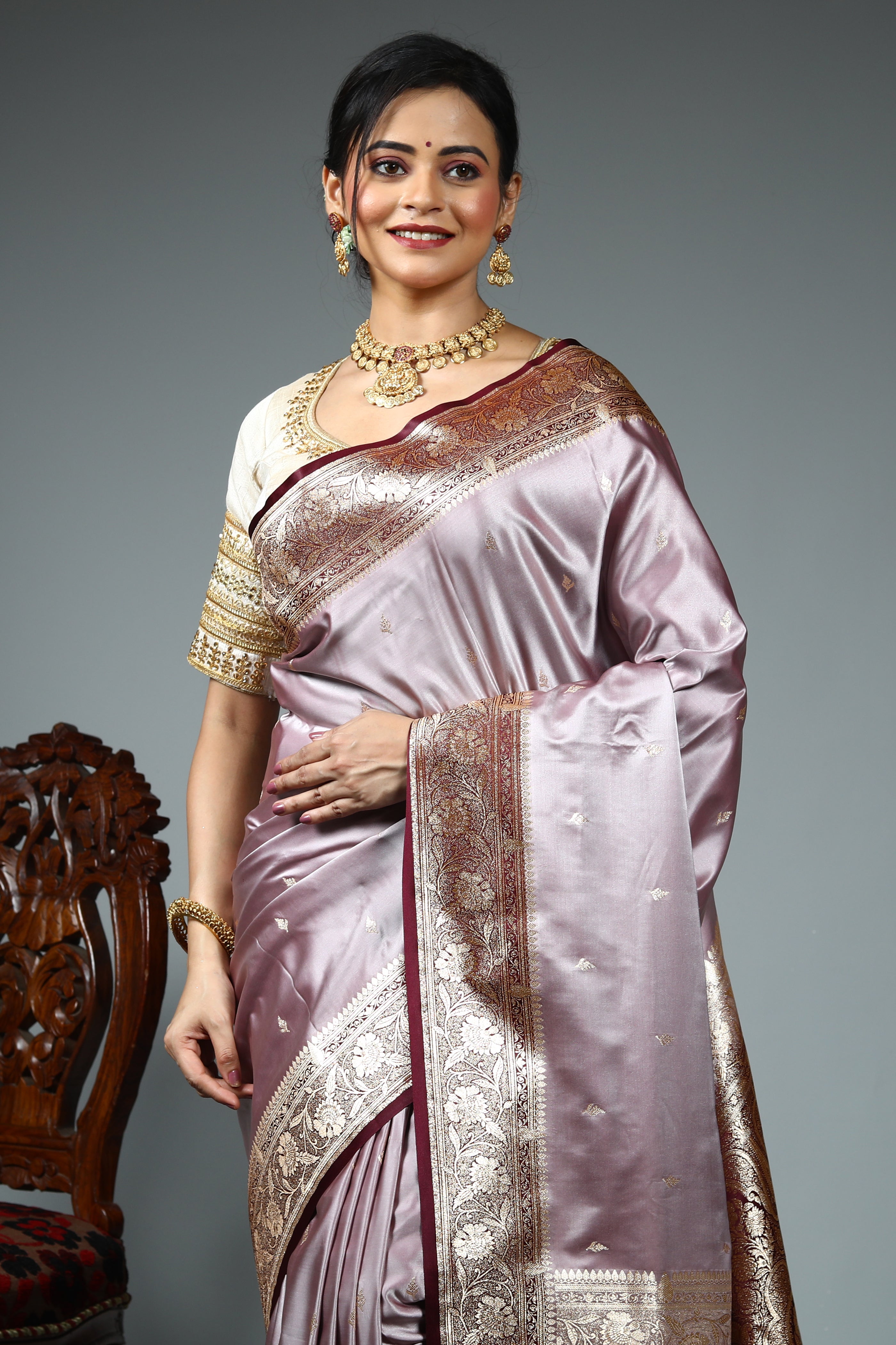 Pastel Maroon Blended Mashru Silk Saree