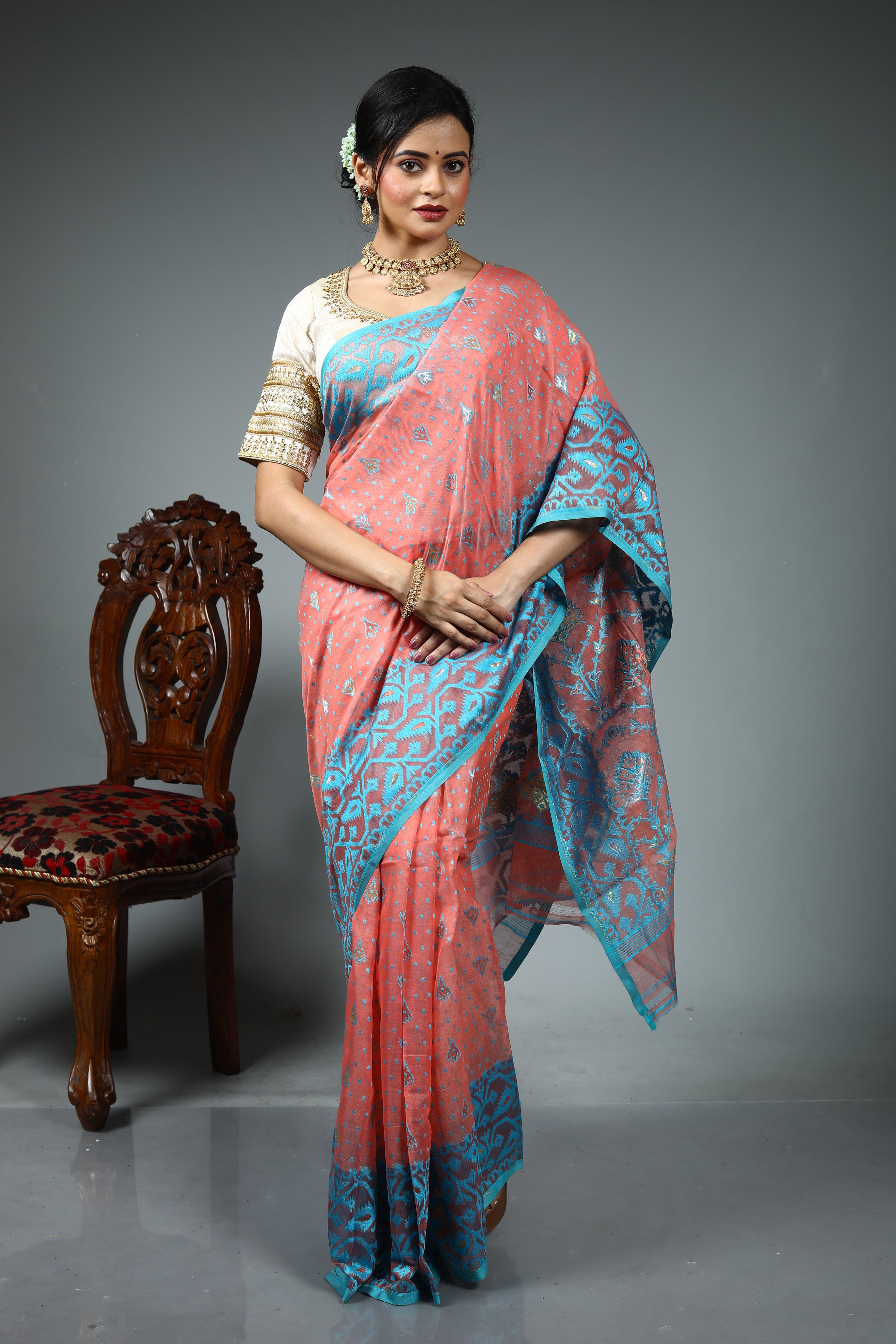 Peach Blended Jamdani Saree