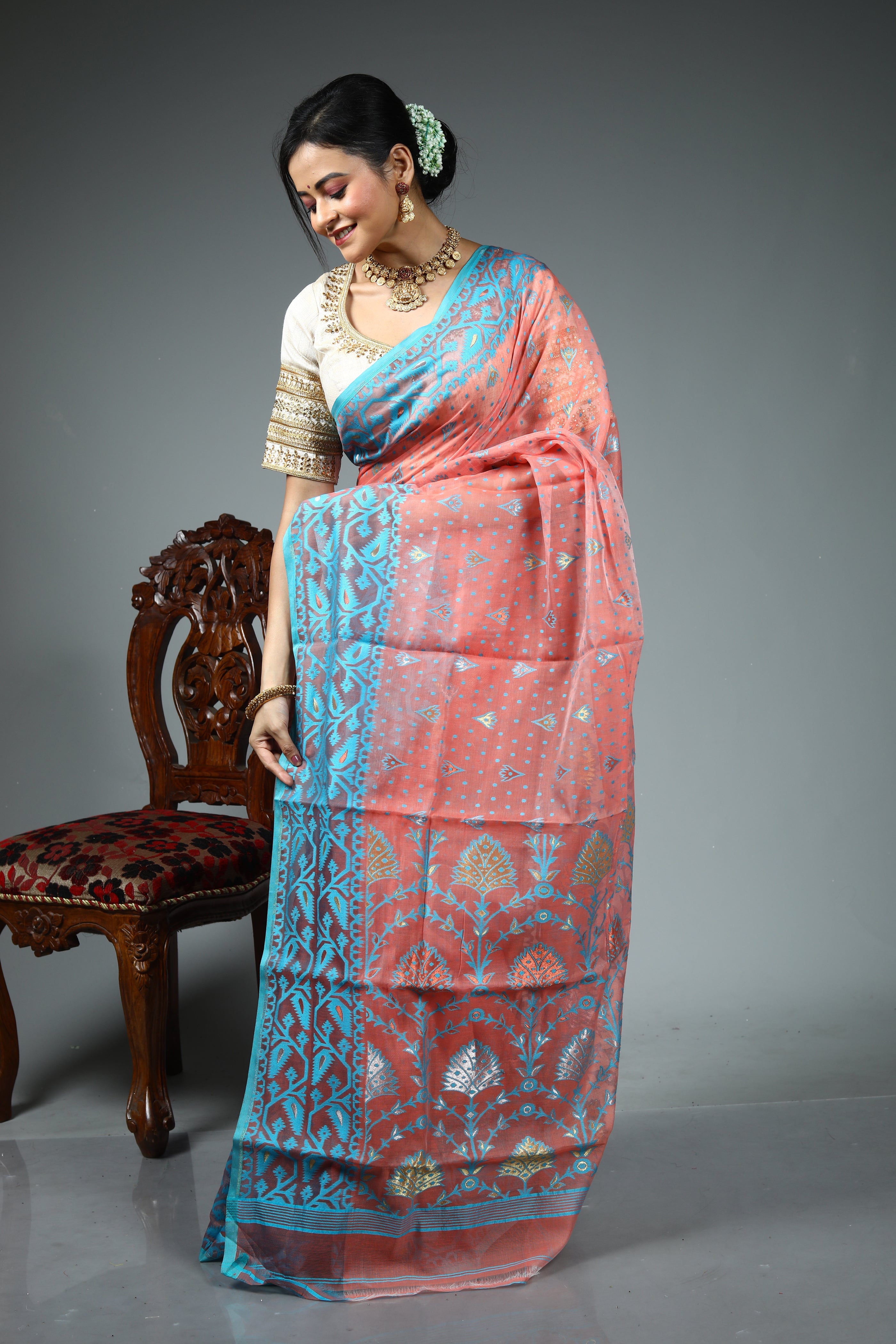 Peach Blended Jamdani Saree