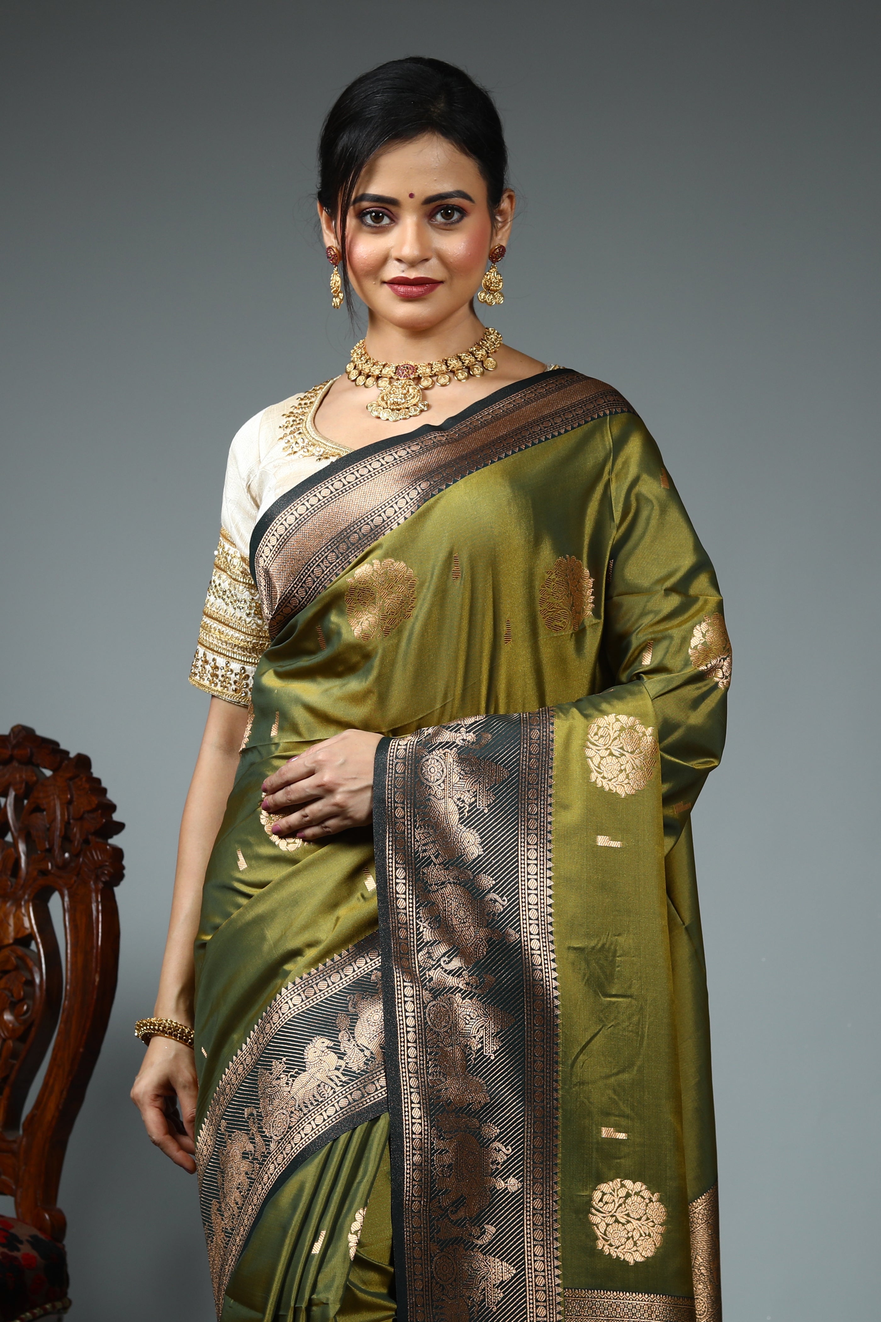 Olive Green Blended Silk Saree