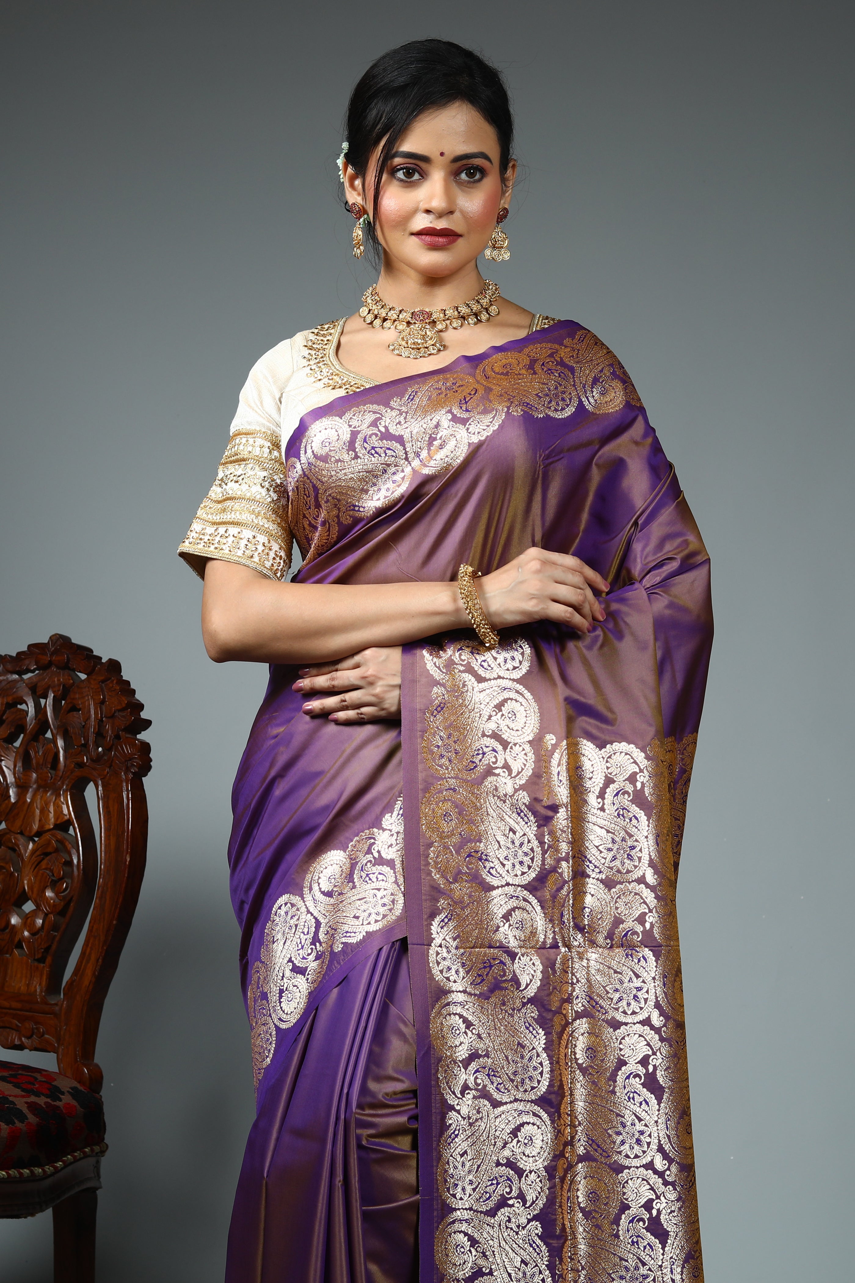 Purple Blended Satin Silk Saree