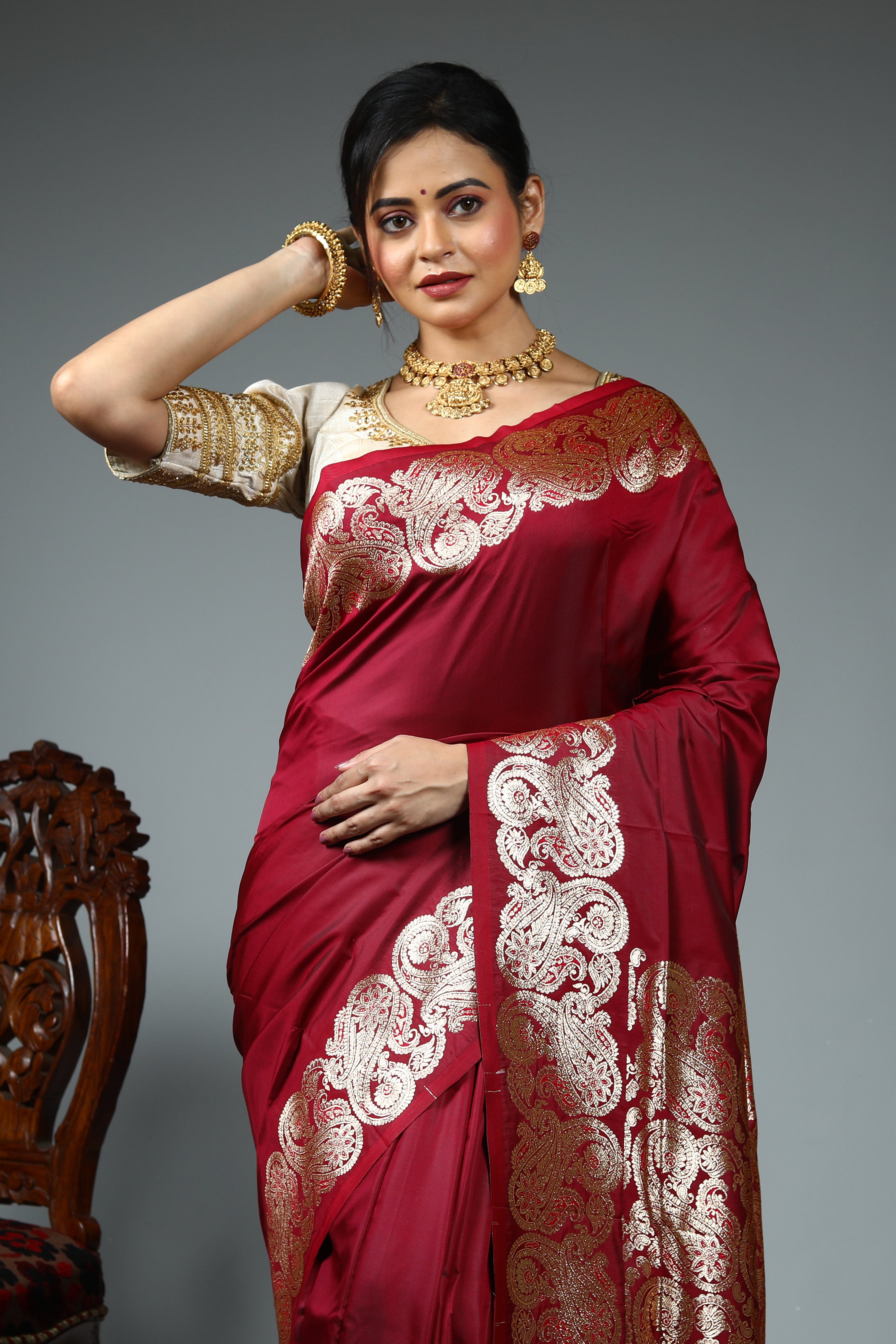 Maroon Blended Satin Silk Saree