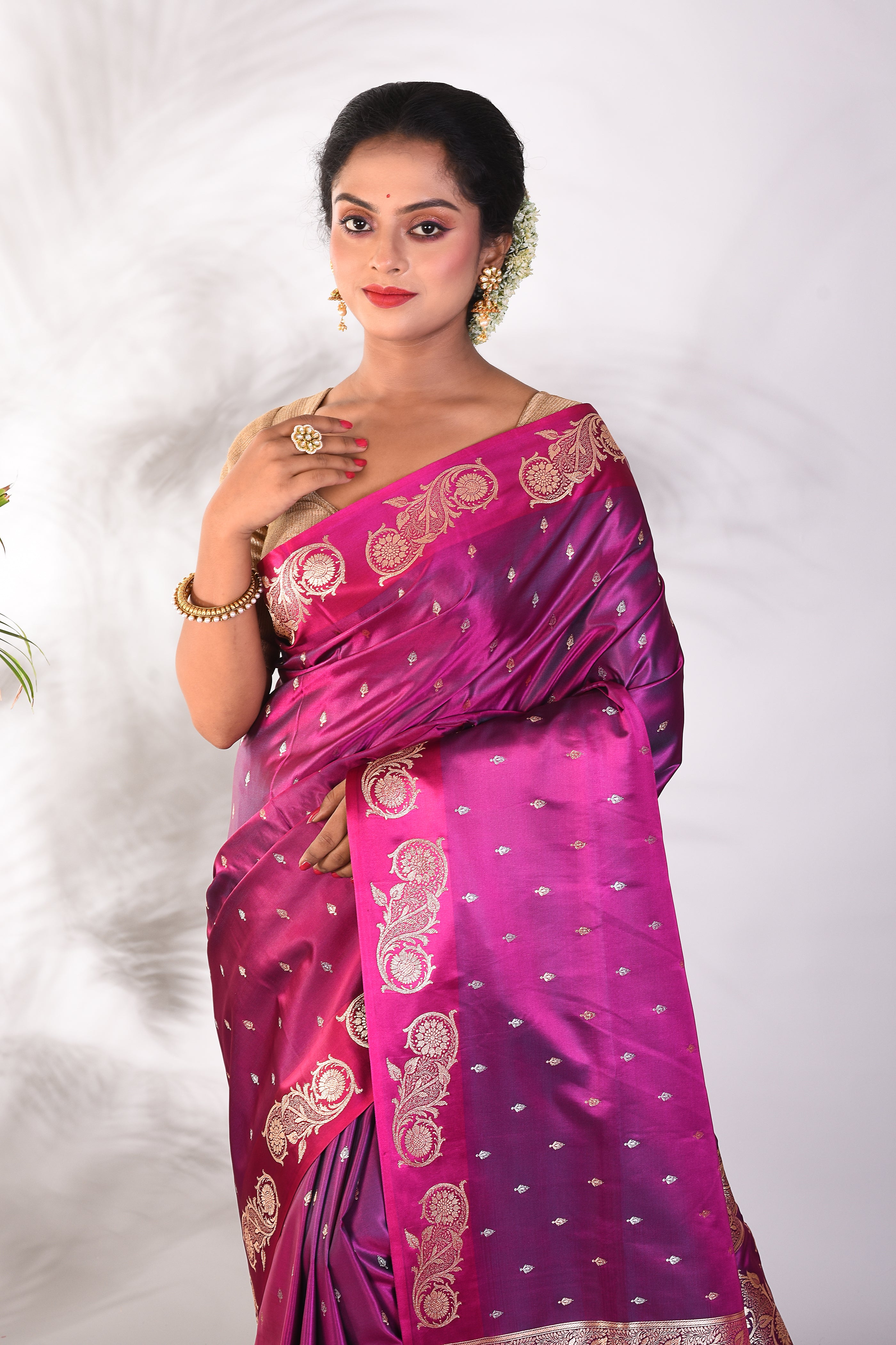 Magenta Mushroo Silk Saree, - Keya Seth Exclusive