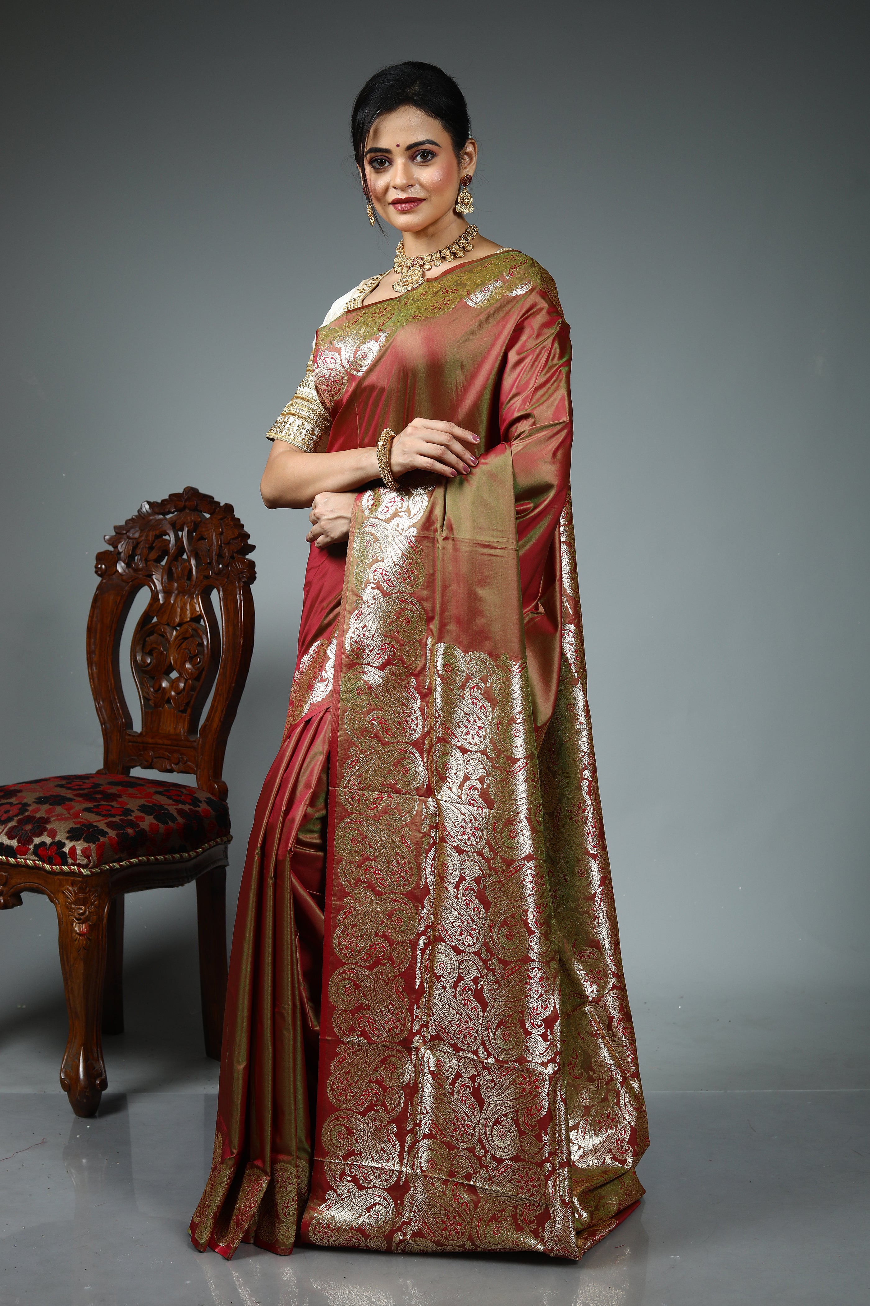 Dual Tone Rust Blended Satin Silk Saree
