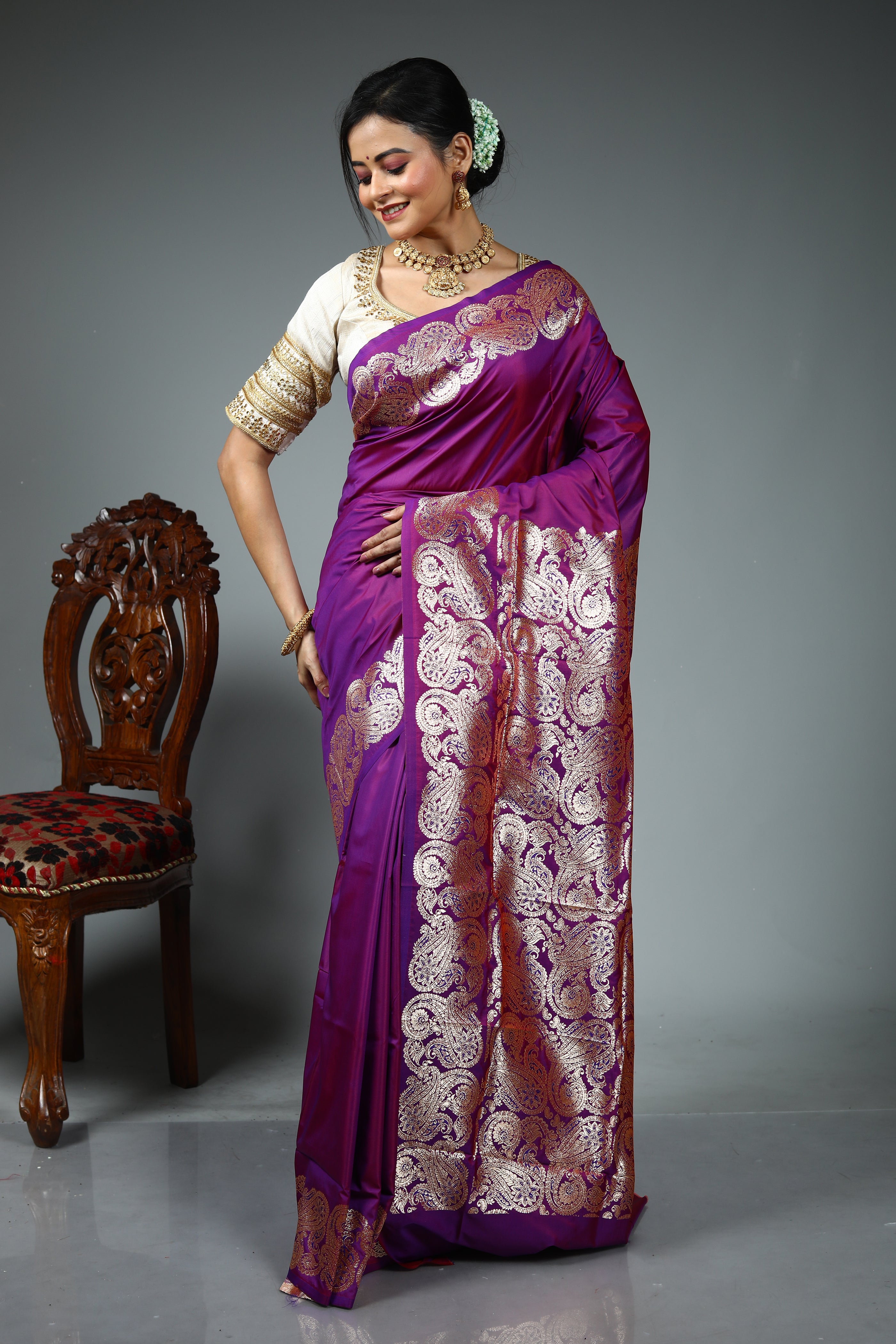 Magenta Blended Satin Silk Saree