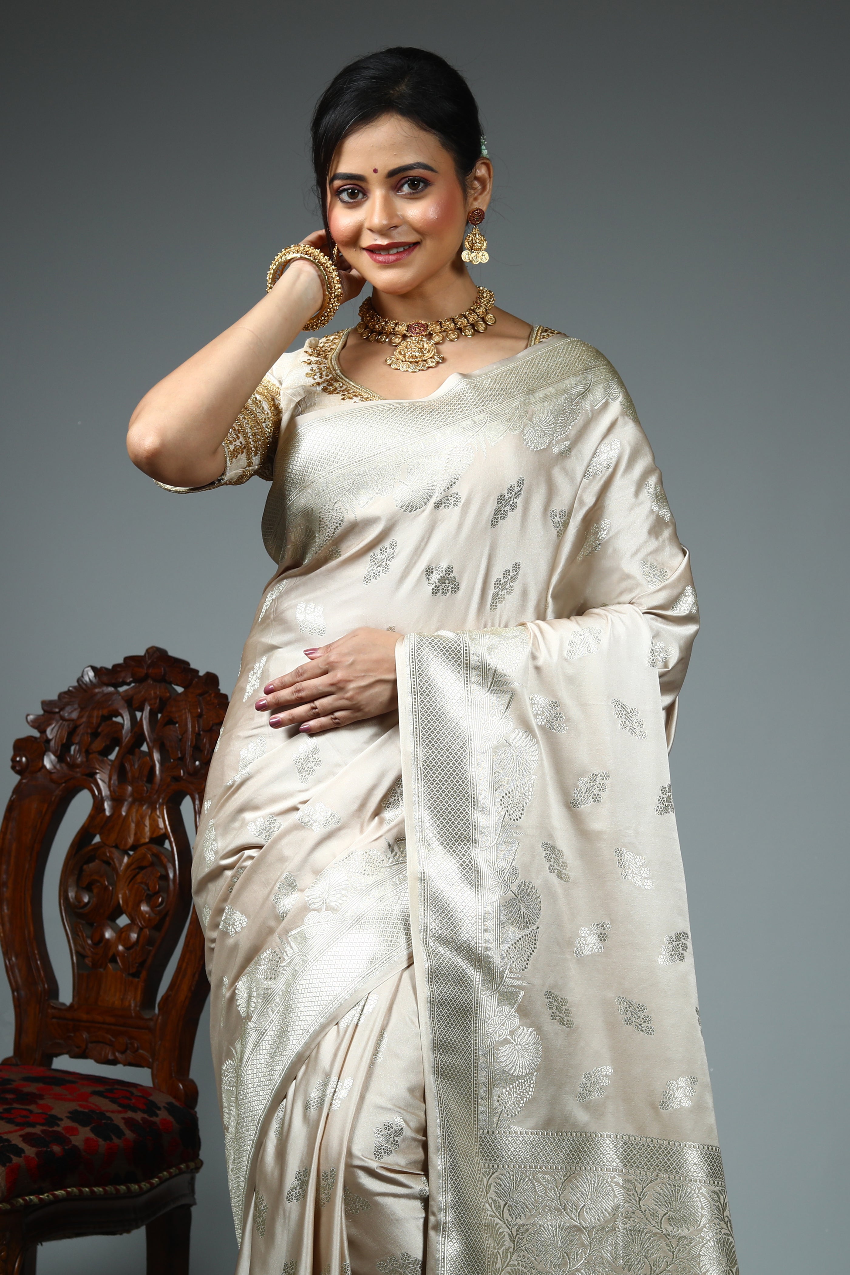 Beige Blended Silk Saree