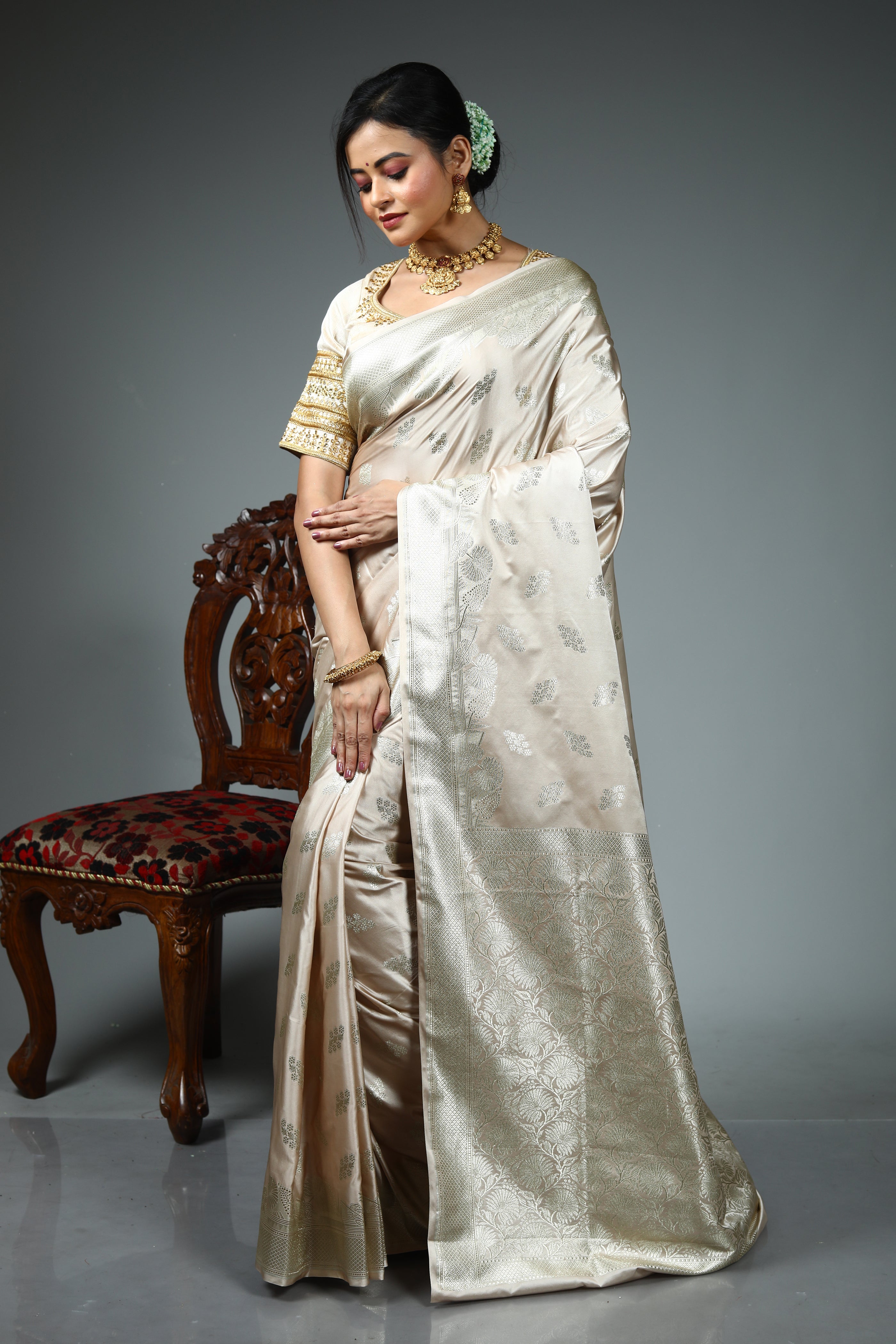 Beige Blended Silk Saree