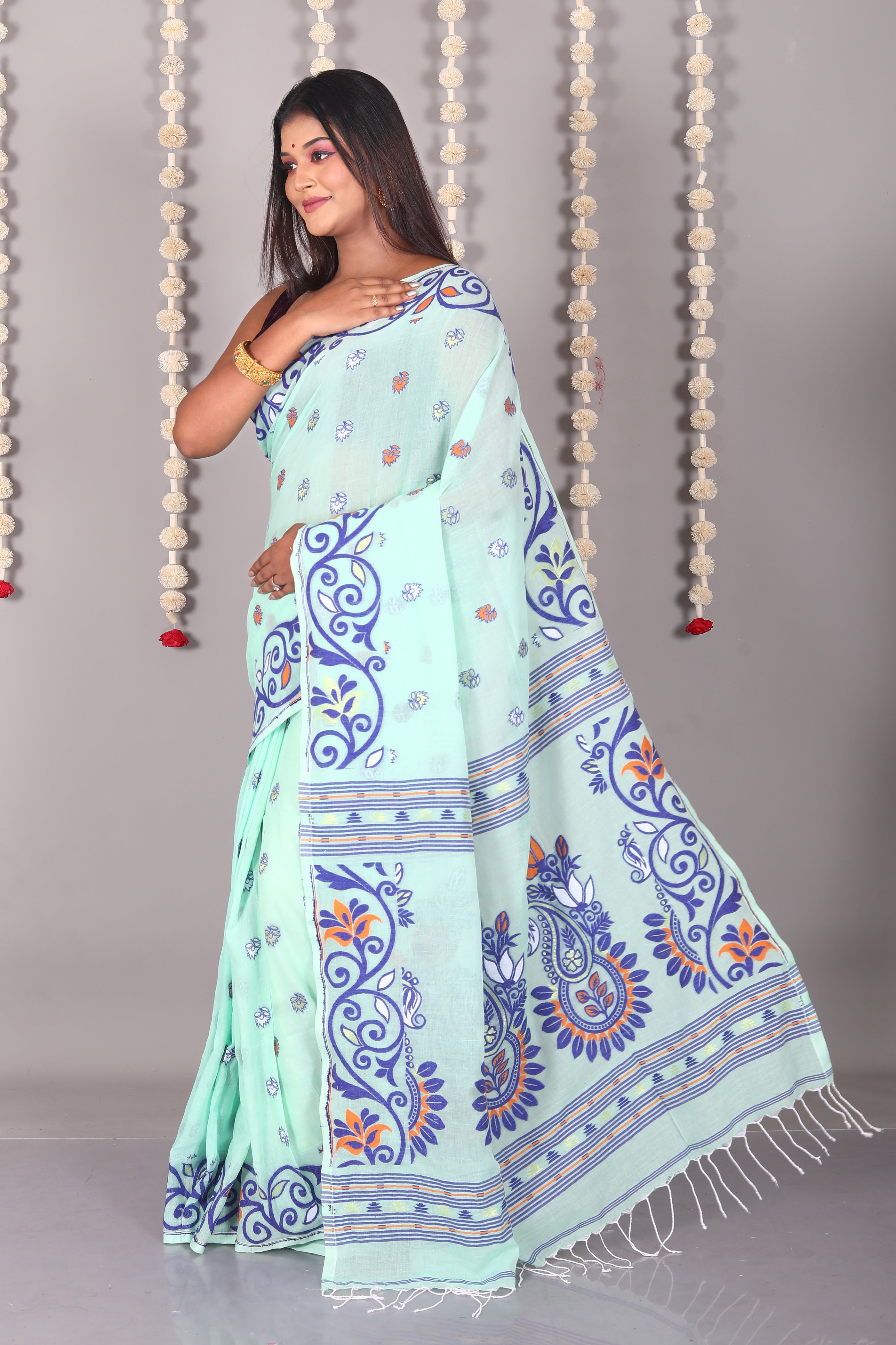 Sea Green Cotton Jamdani Saree - Keya Seth Exclusive