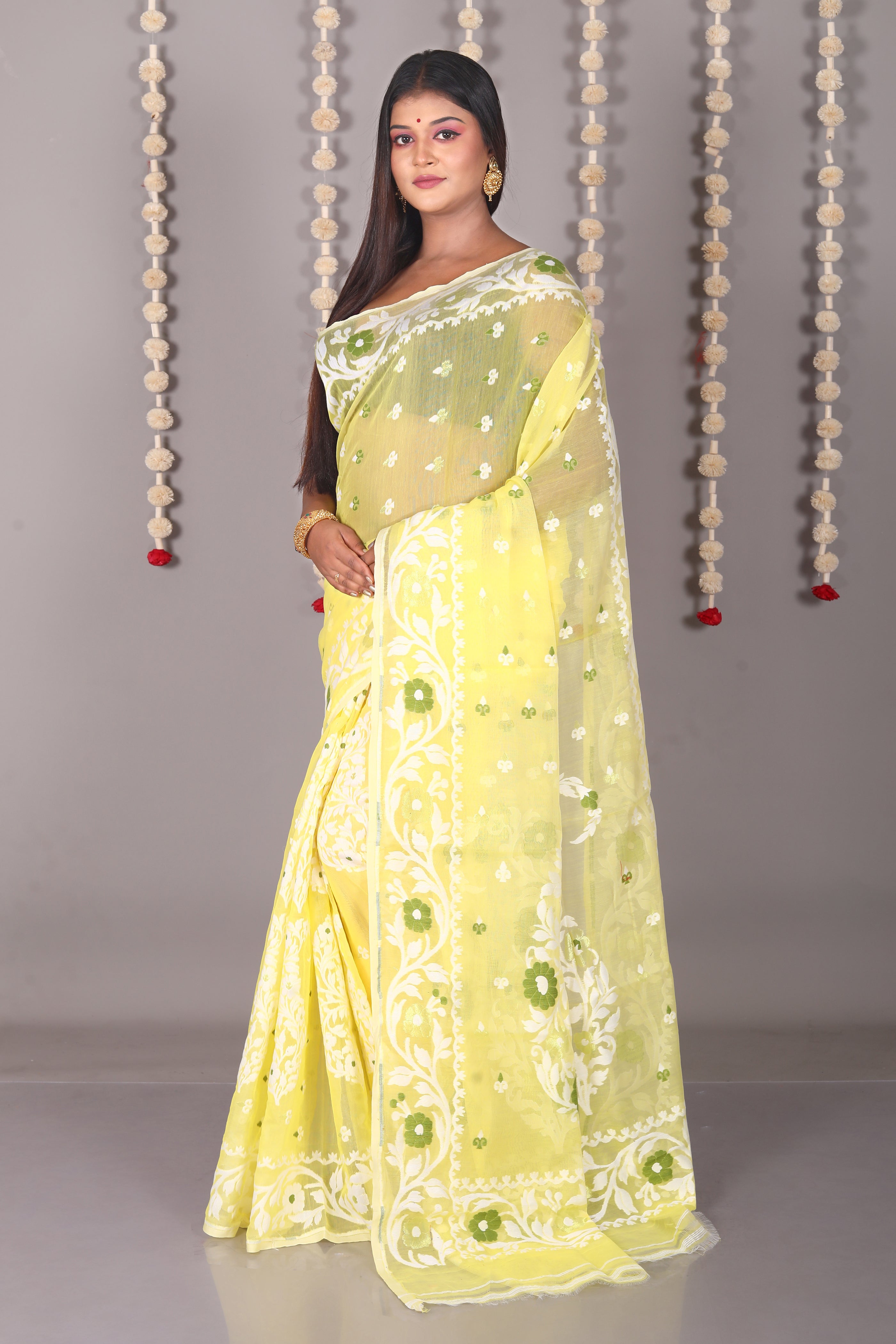 Lemon Yellow Cotton Jamdani Saree - Keya Seth Exclusive