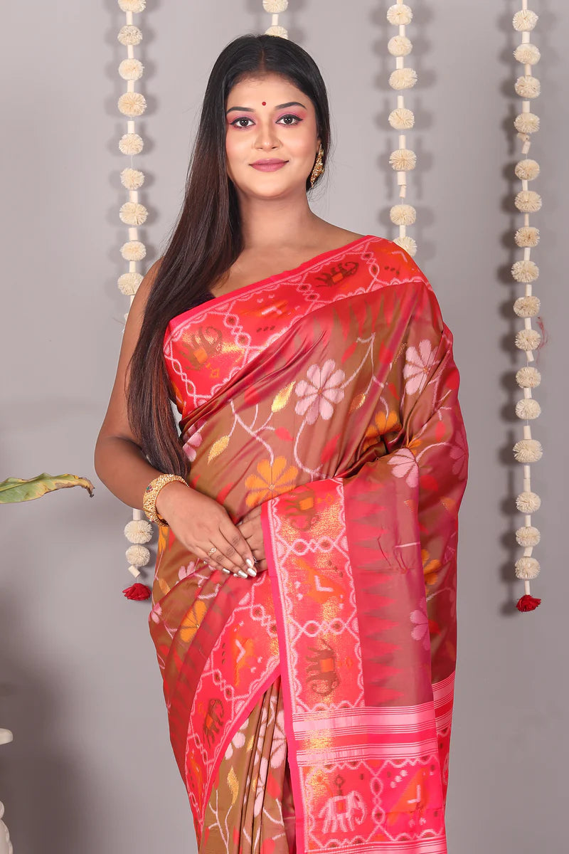 Brown Dual Tone Blended Ikkat Silk Saree - Keya Seth Exclusive