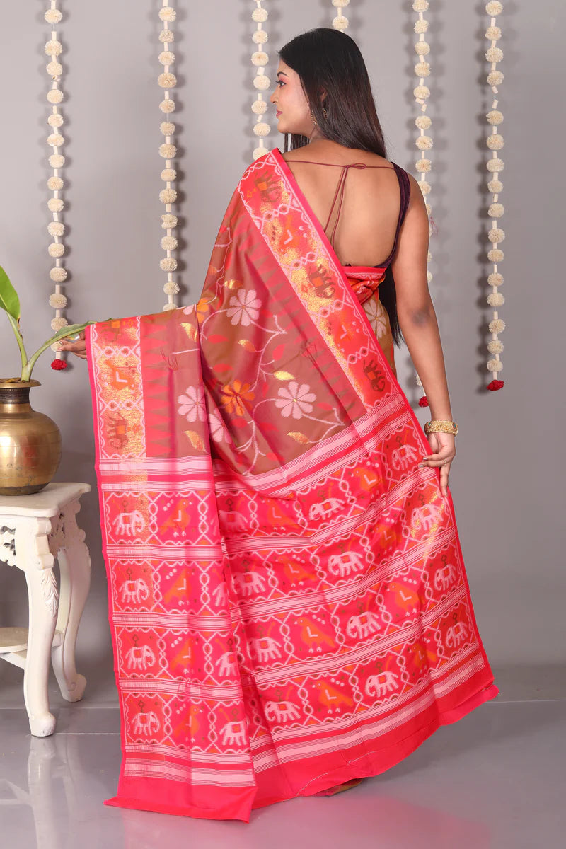 Brown Dual Tone Blended Ikkat Silk Saree - Keya Seth Exclusive