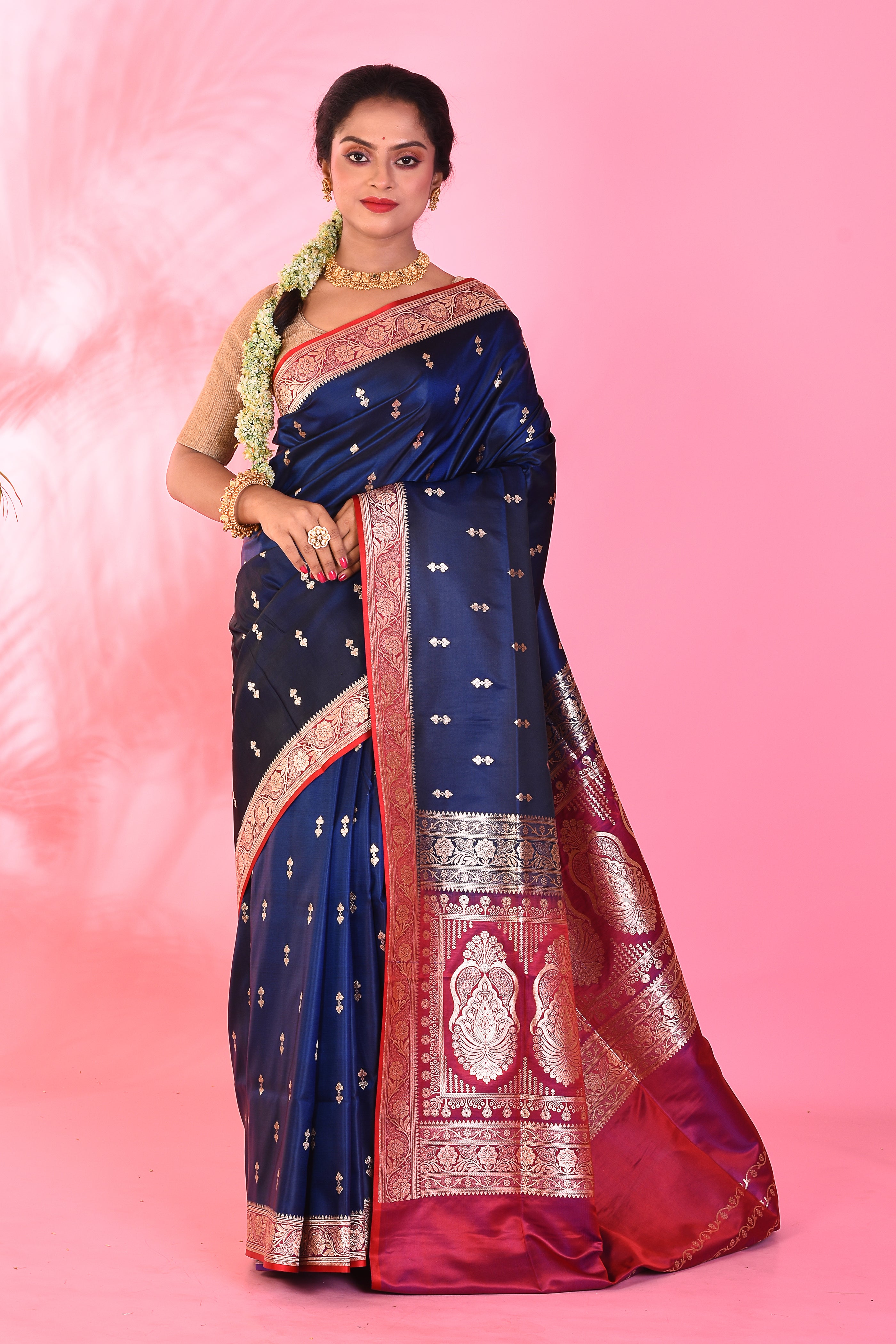 Navy Blue Mushroo Silk Saree - Keya Seth Exclusive
