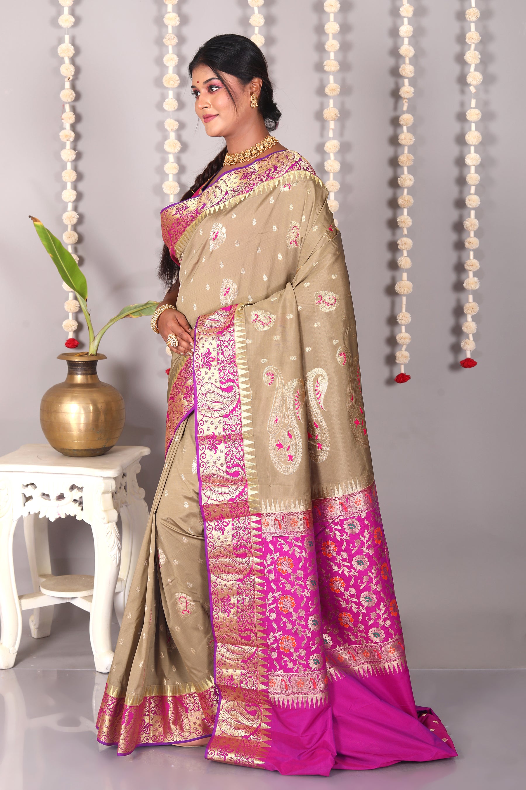 Beige Blended Kanjivaram Silk Saree - Keya Seth Exclusive