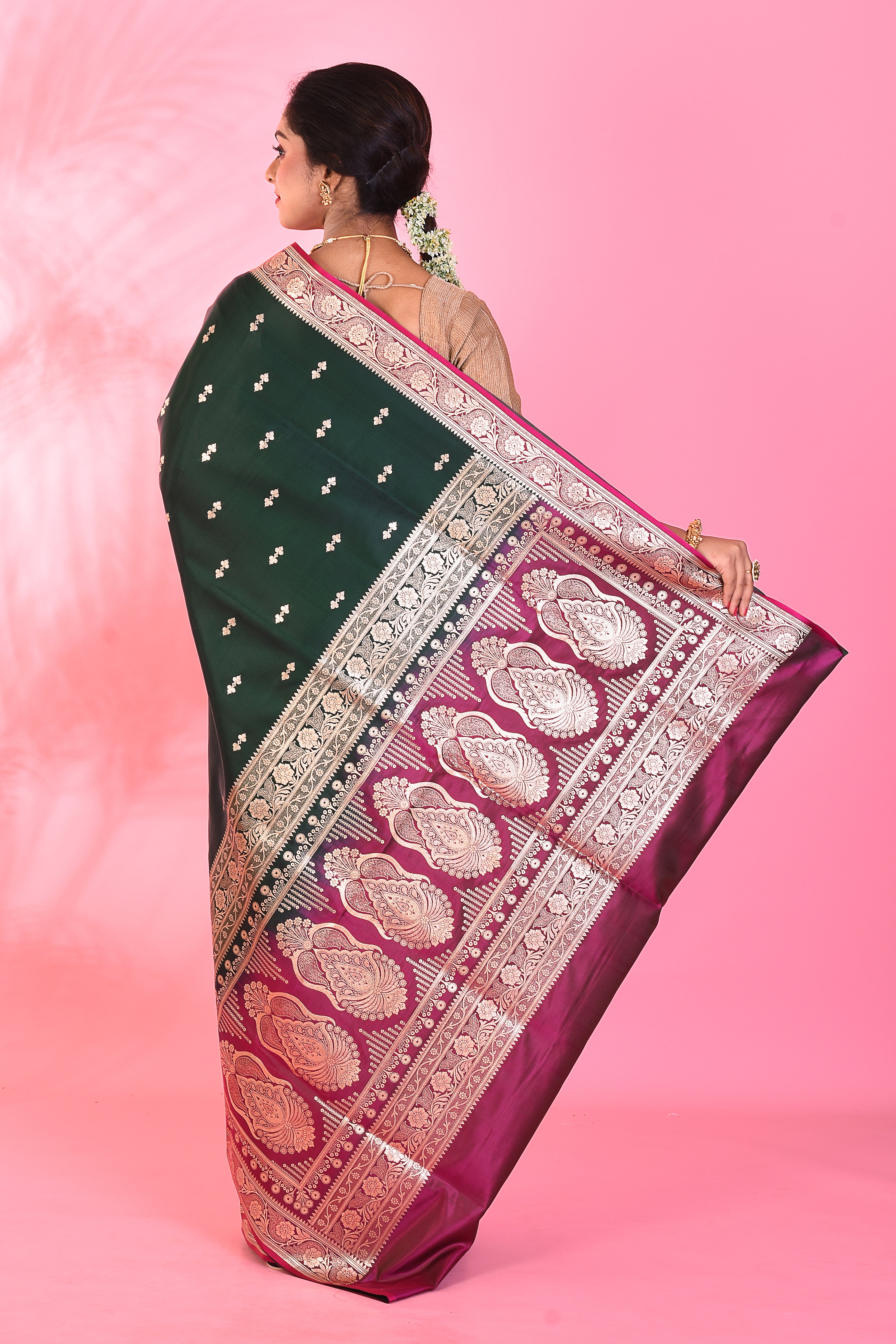 Deep Green Mushroo Silk Saree - Keya Seth Exclusive