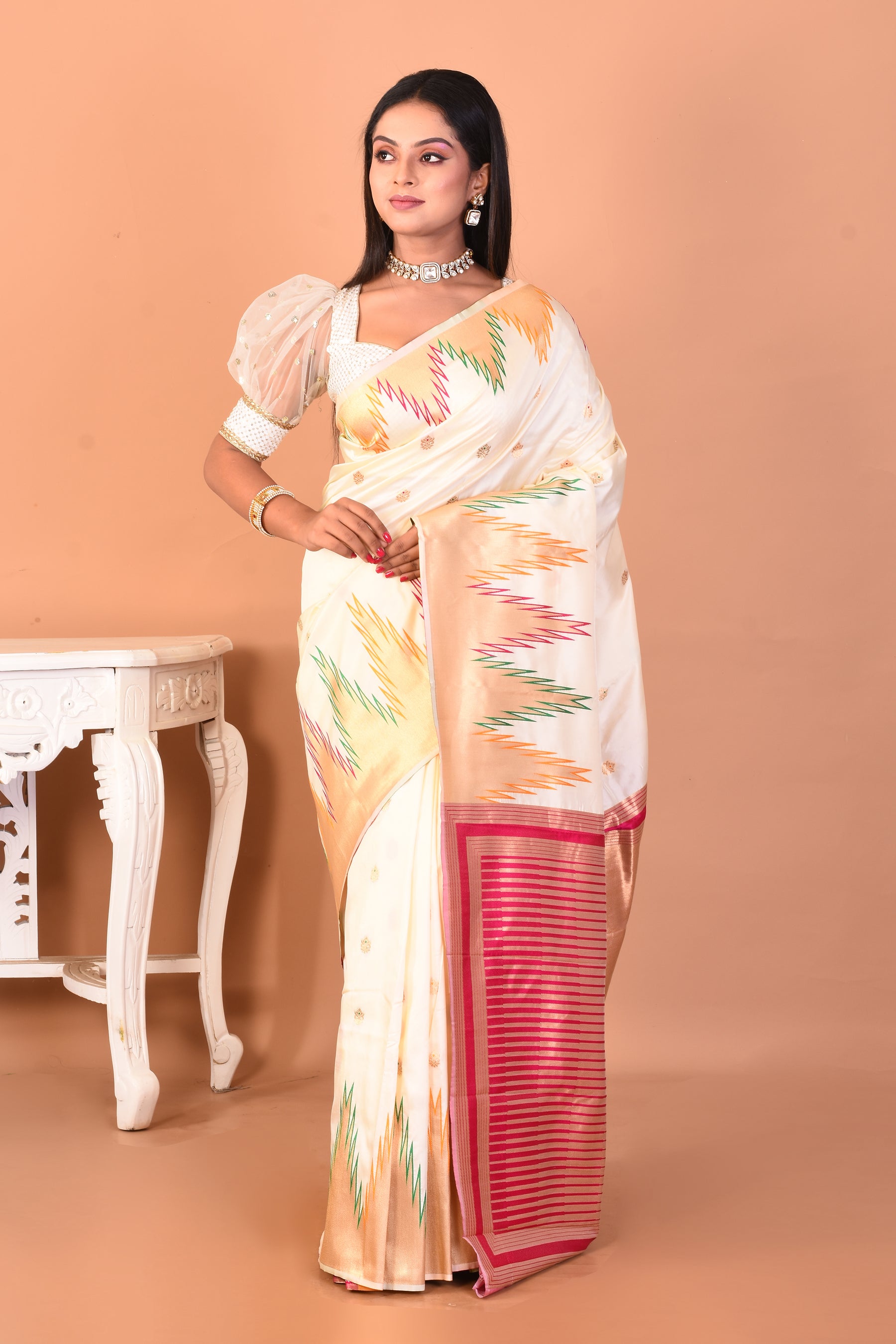 White Blended Kanjivaram Silk Saree with Temple Borders - Keya Seth Exclusive