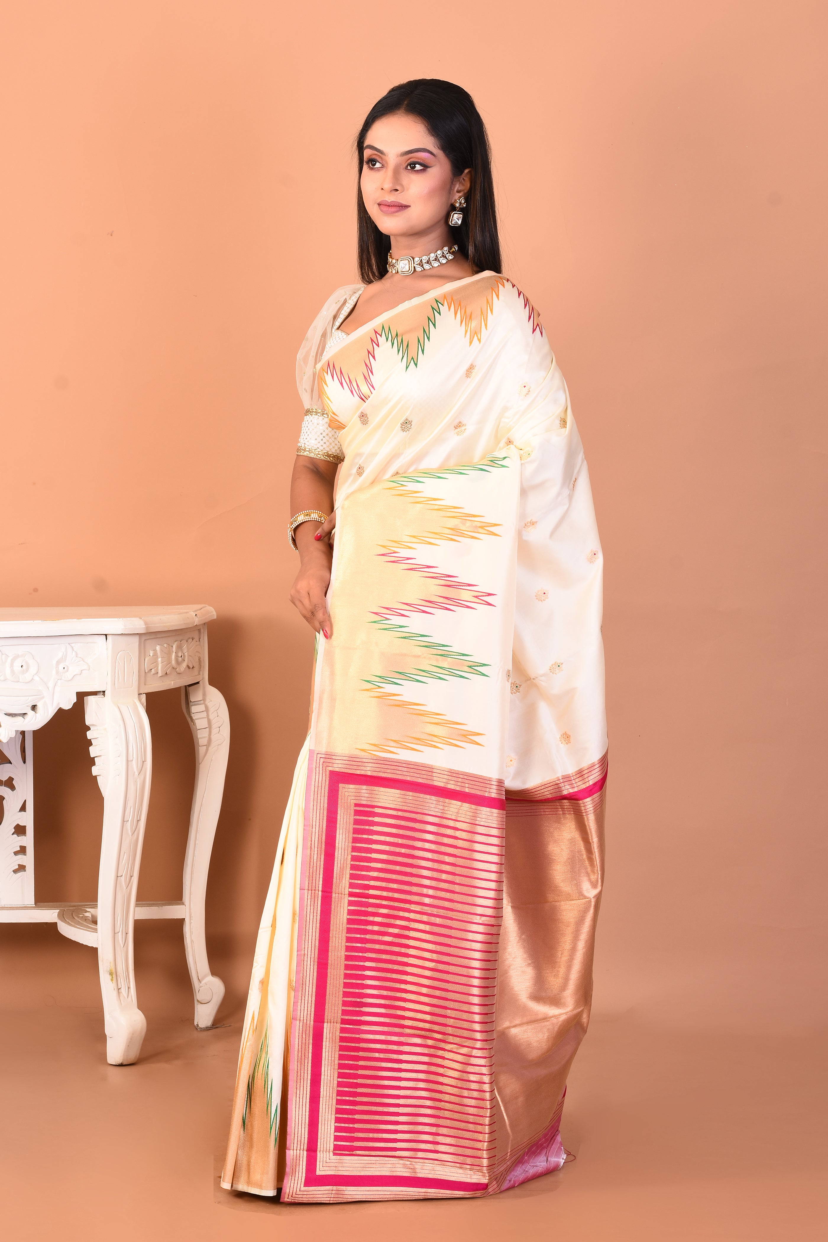 White Blended Kanjivaram Silk Saree with Temple Borders - Keya Seth Exclusive