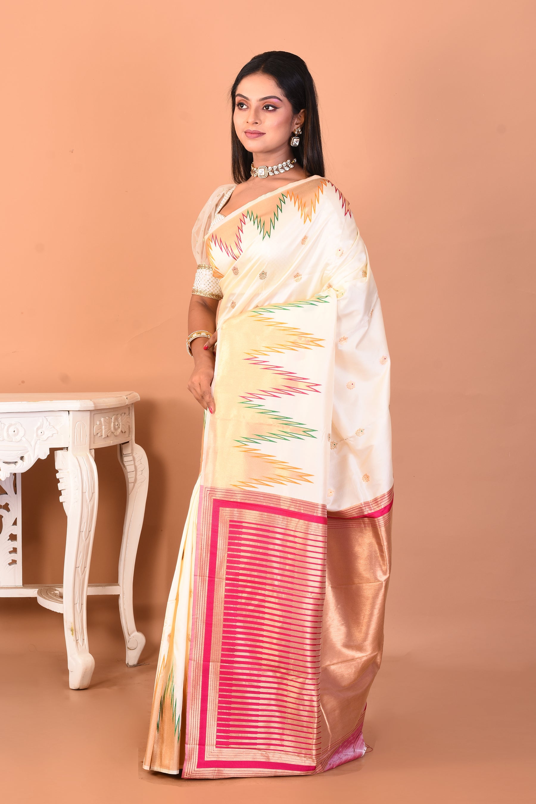 White Blended Kanjivaram Silk Saree with Temple Borders - Keya Seth Exclusive