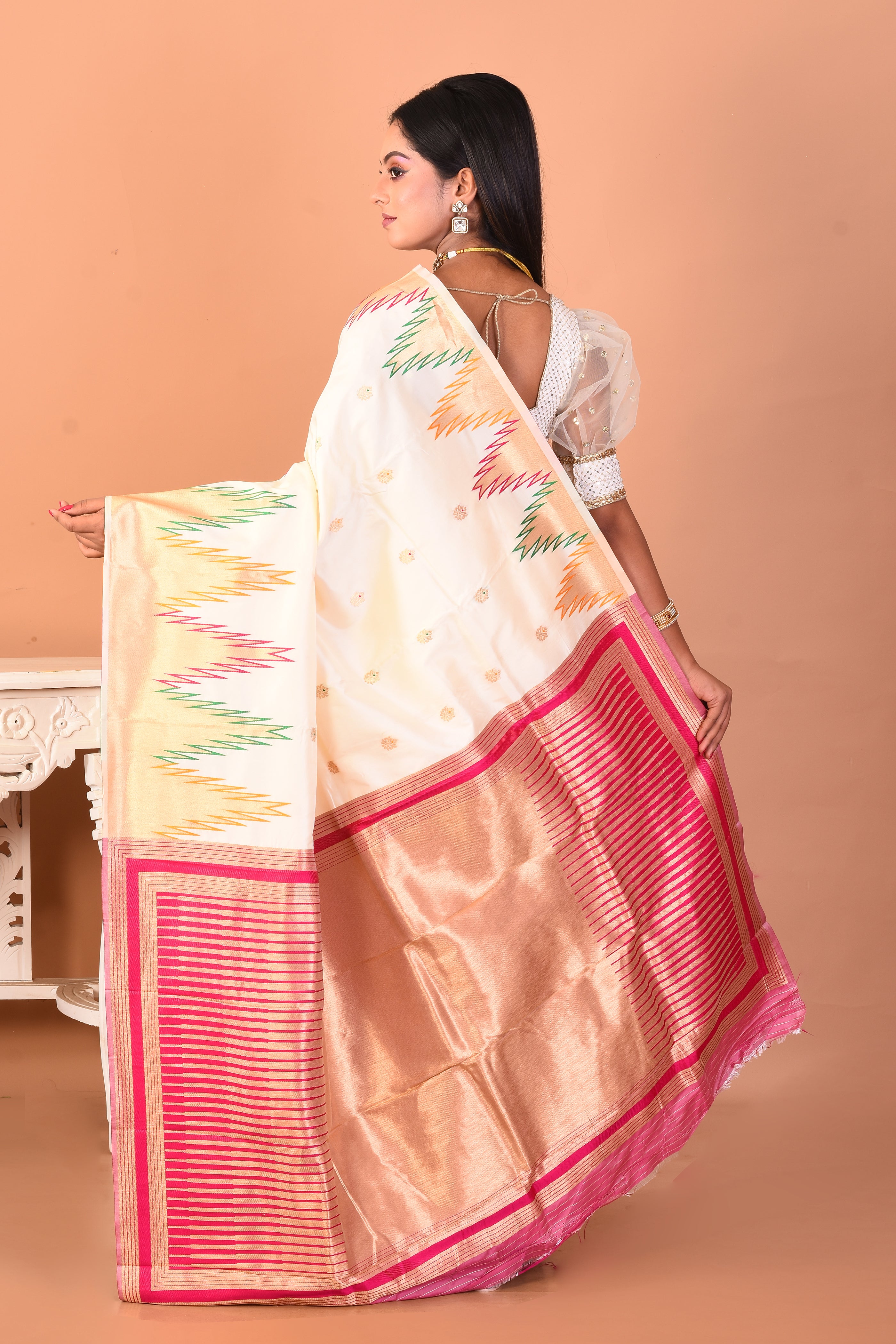 White Blended Kanjivaram Silk Saree with Temple Borders - Keya Seth Exclusive