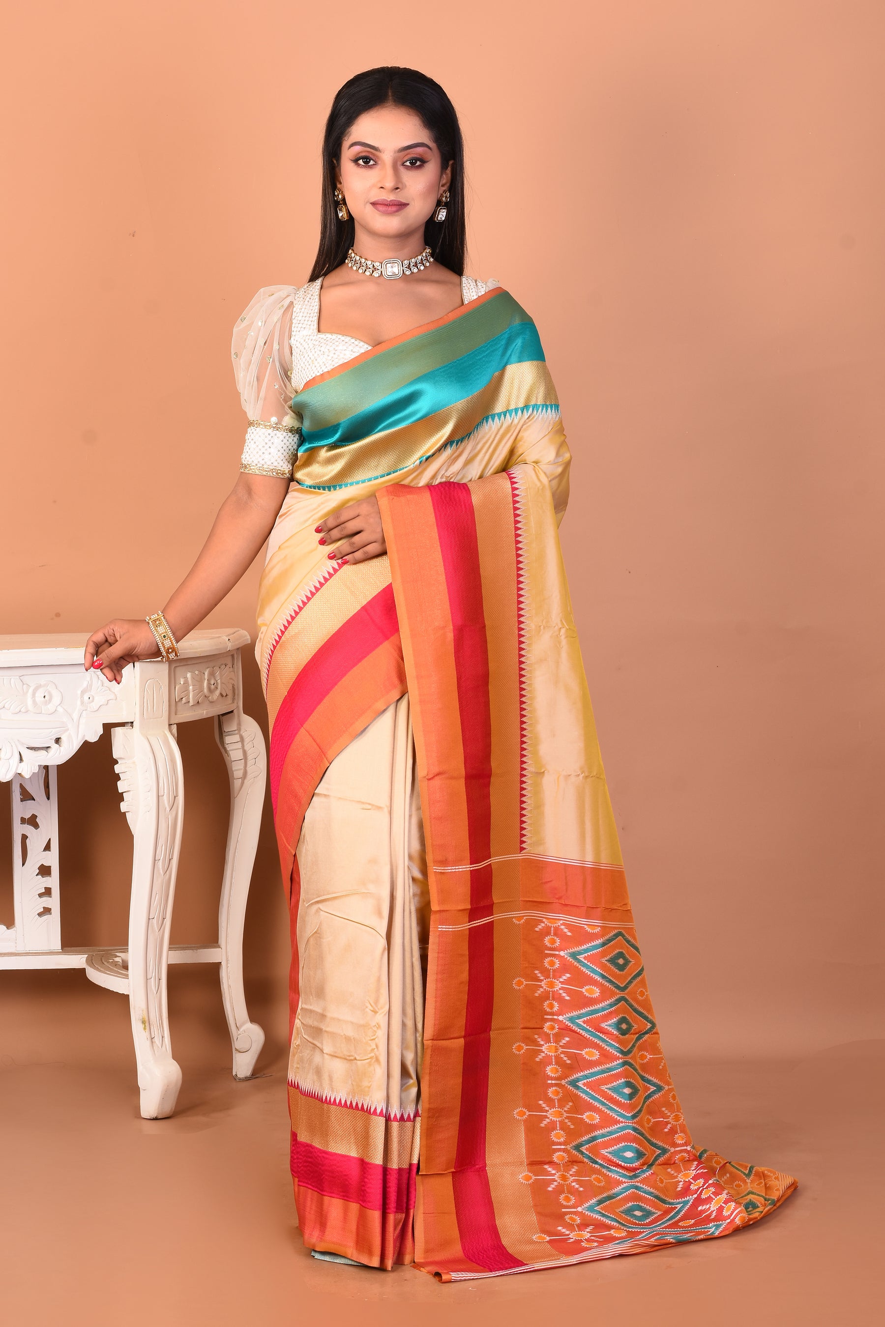 Beige Blended Ikkat Silk Saree - Keya Seth Exclusive
