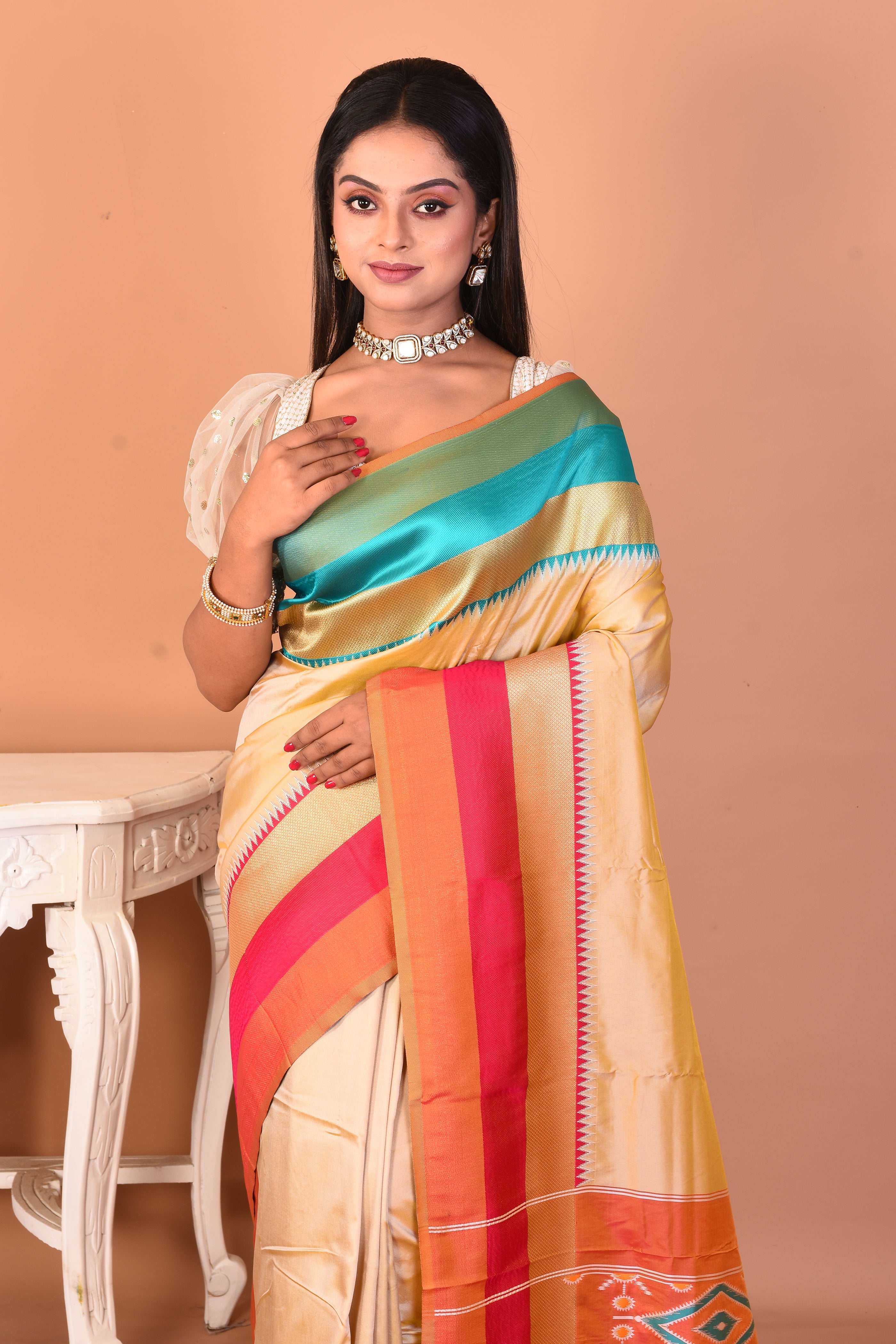 Beige Blended Ikkat Silk Saree - Keya Seth Exclusive