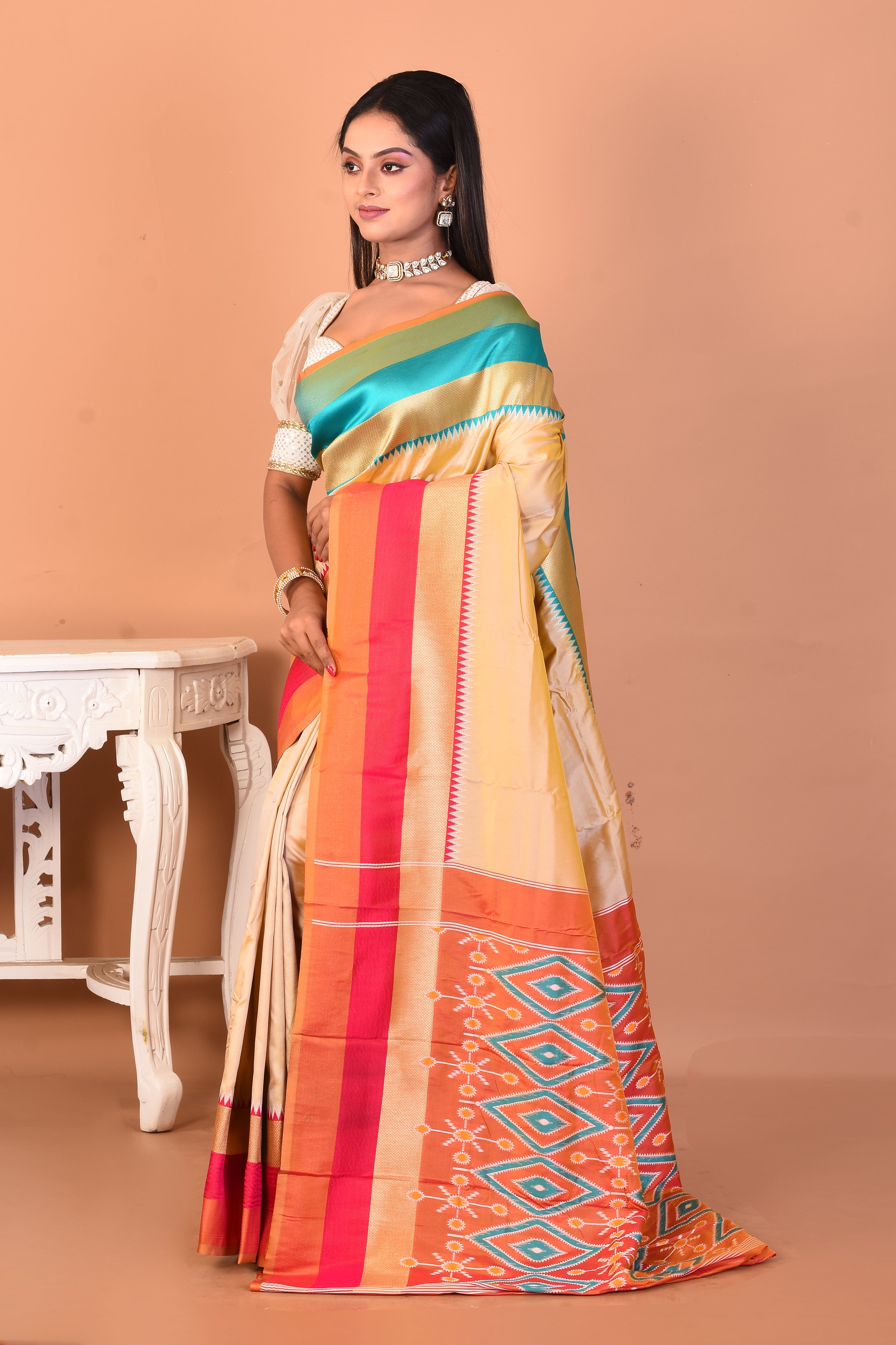 Beige Blended Ikkat Silk Saree - Keya Seth Exclusive