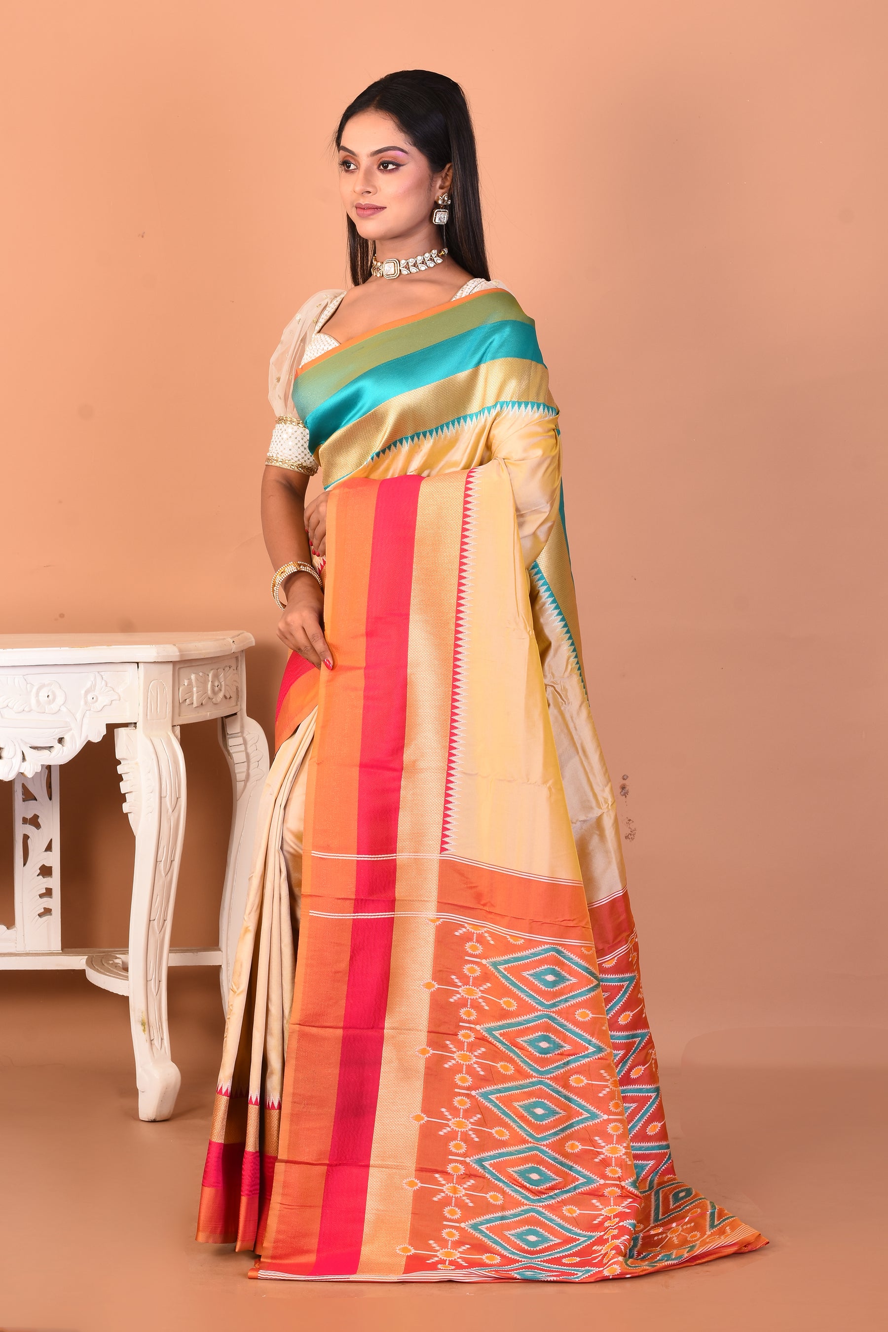 Beige Blended Ikkat Silk Saree - Keya Seth Exclusive