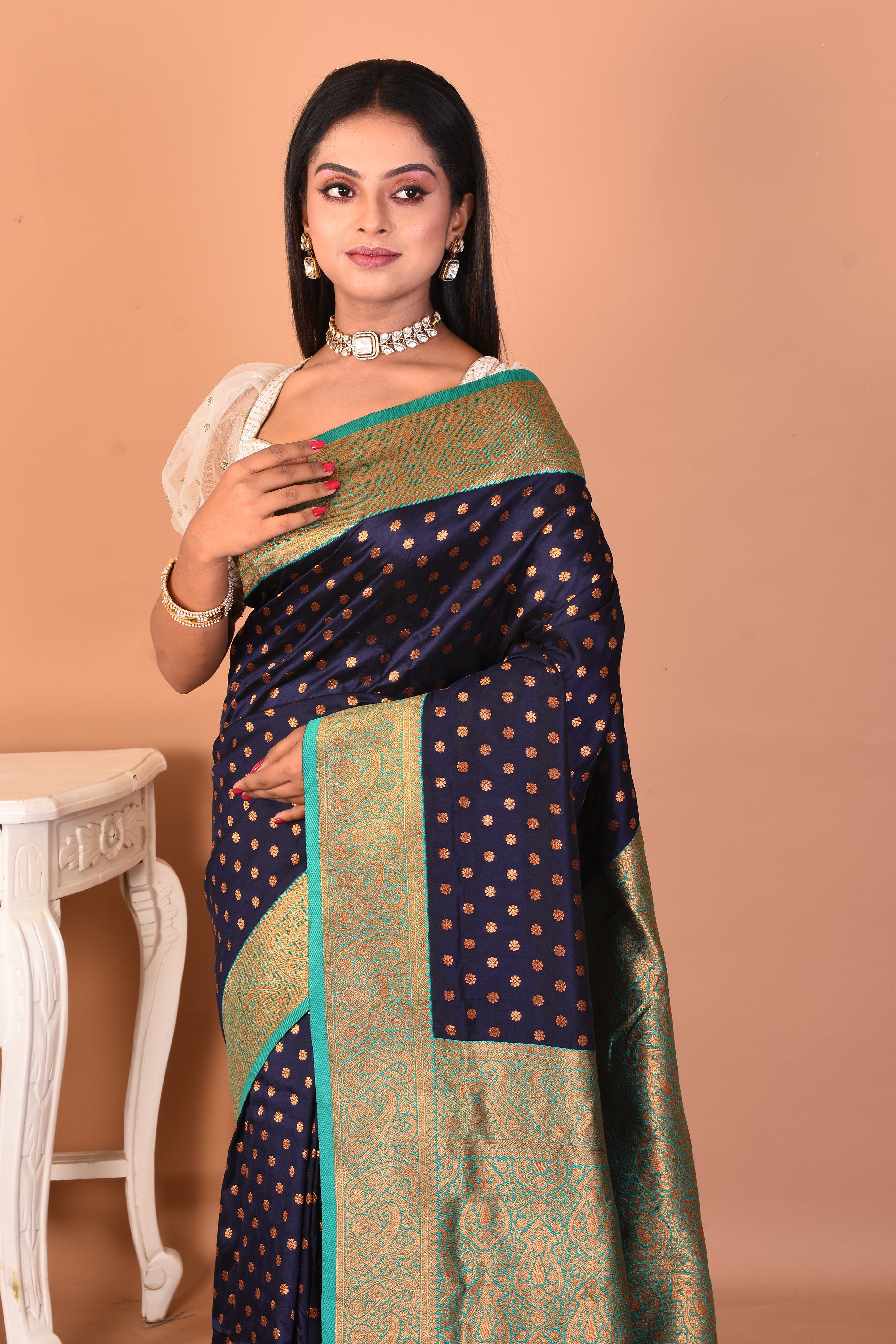 Navy Blue Blended Katan Silk Saree - Keya Seth Exclusive