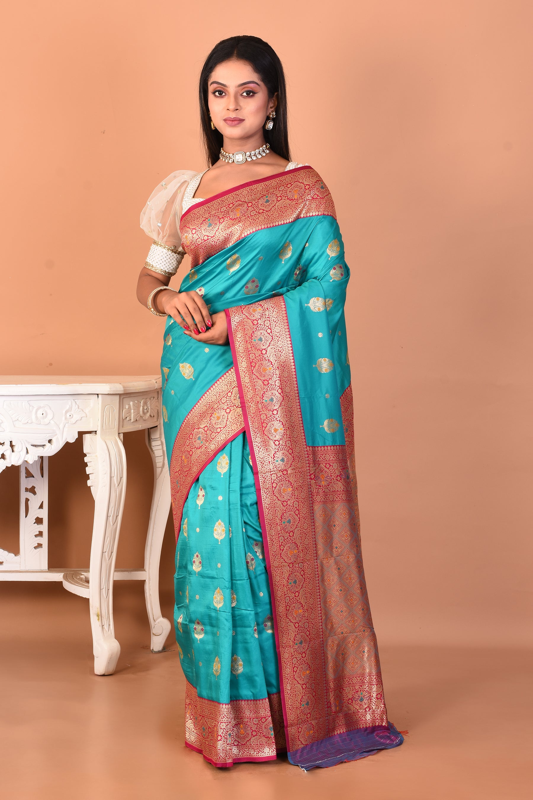 Sea Green Blended Katan Silk Saree - Keya Seth Exclusive