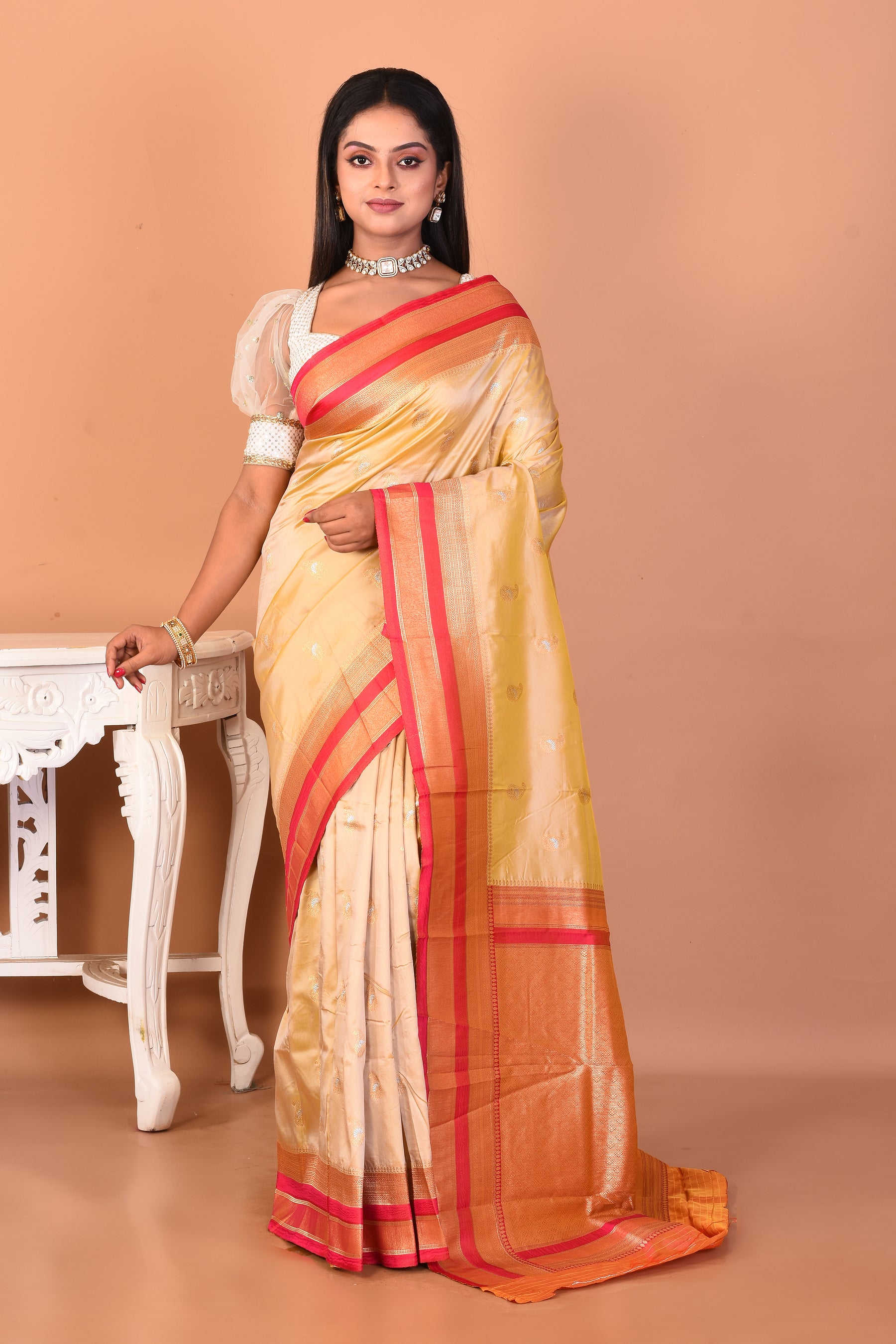 Cream Blended Katan Silk Saree - Keya Seth Exclusive