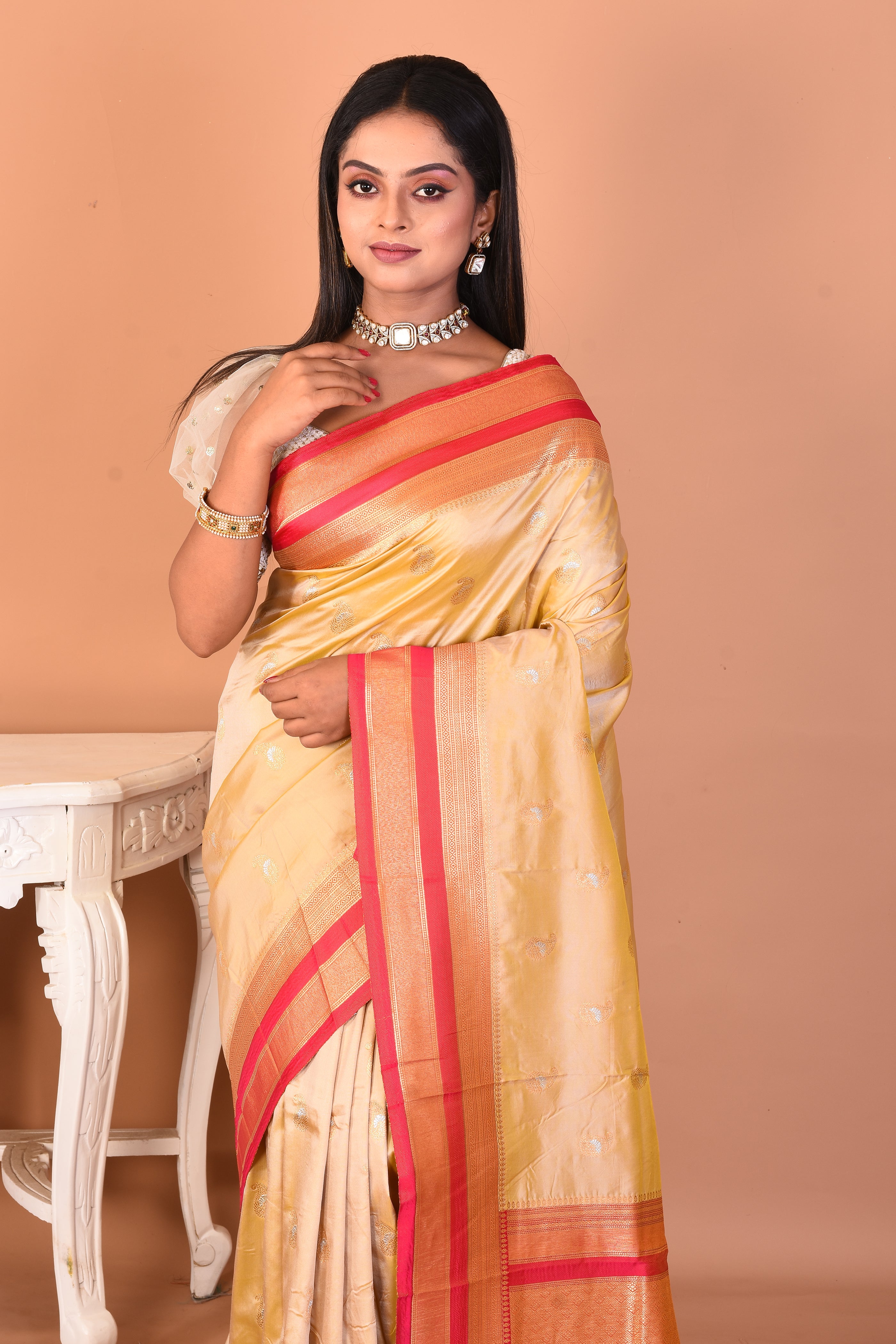 Cream Blended Katan Silk Saree - Keya Seth Exclusive