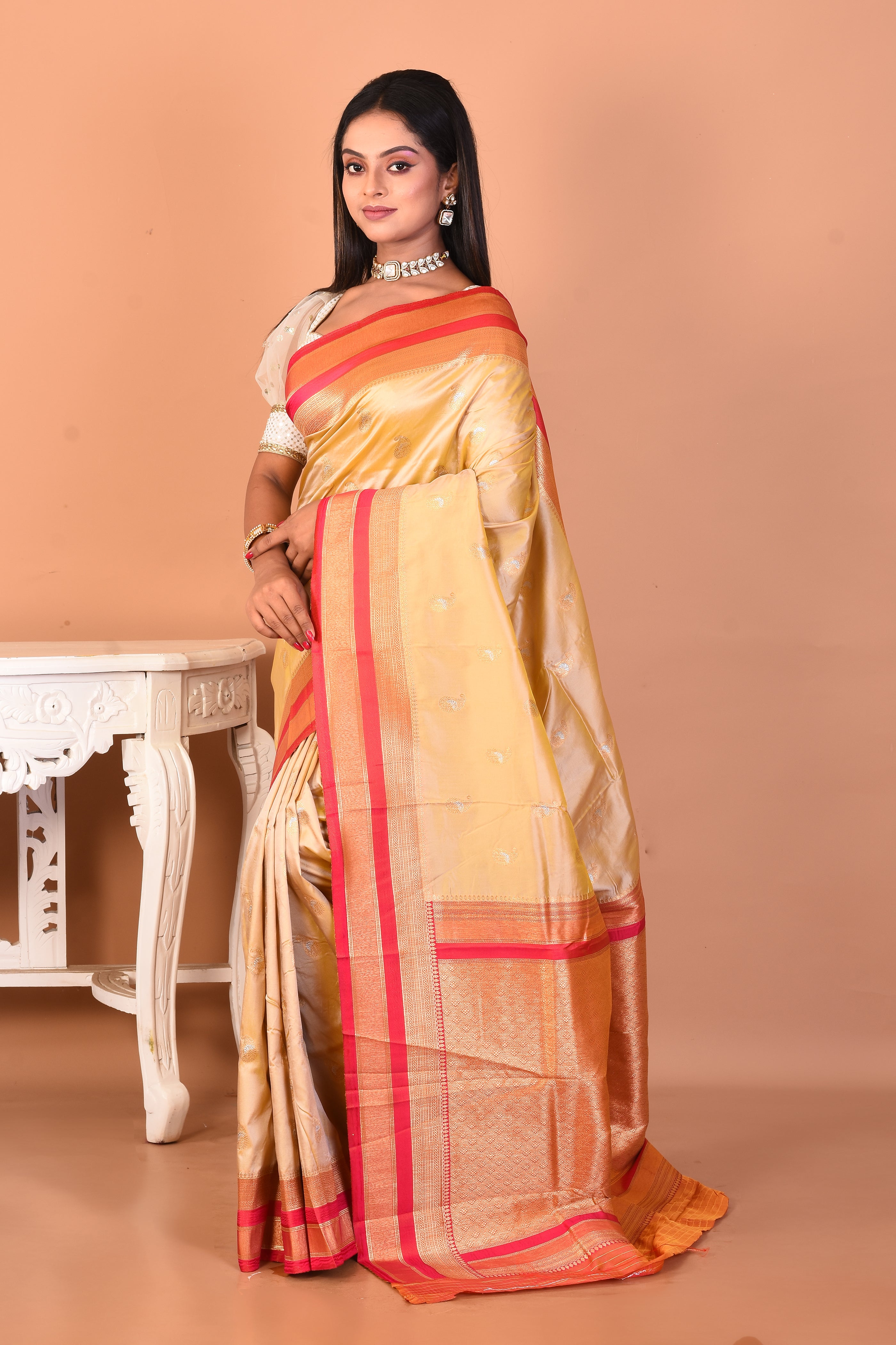 Cream Blended Katan Silk Saree - Keya Seth Exclusive