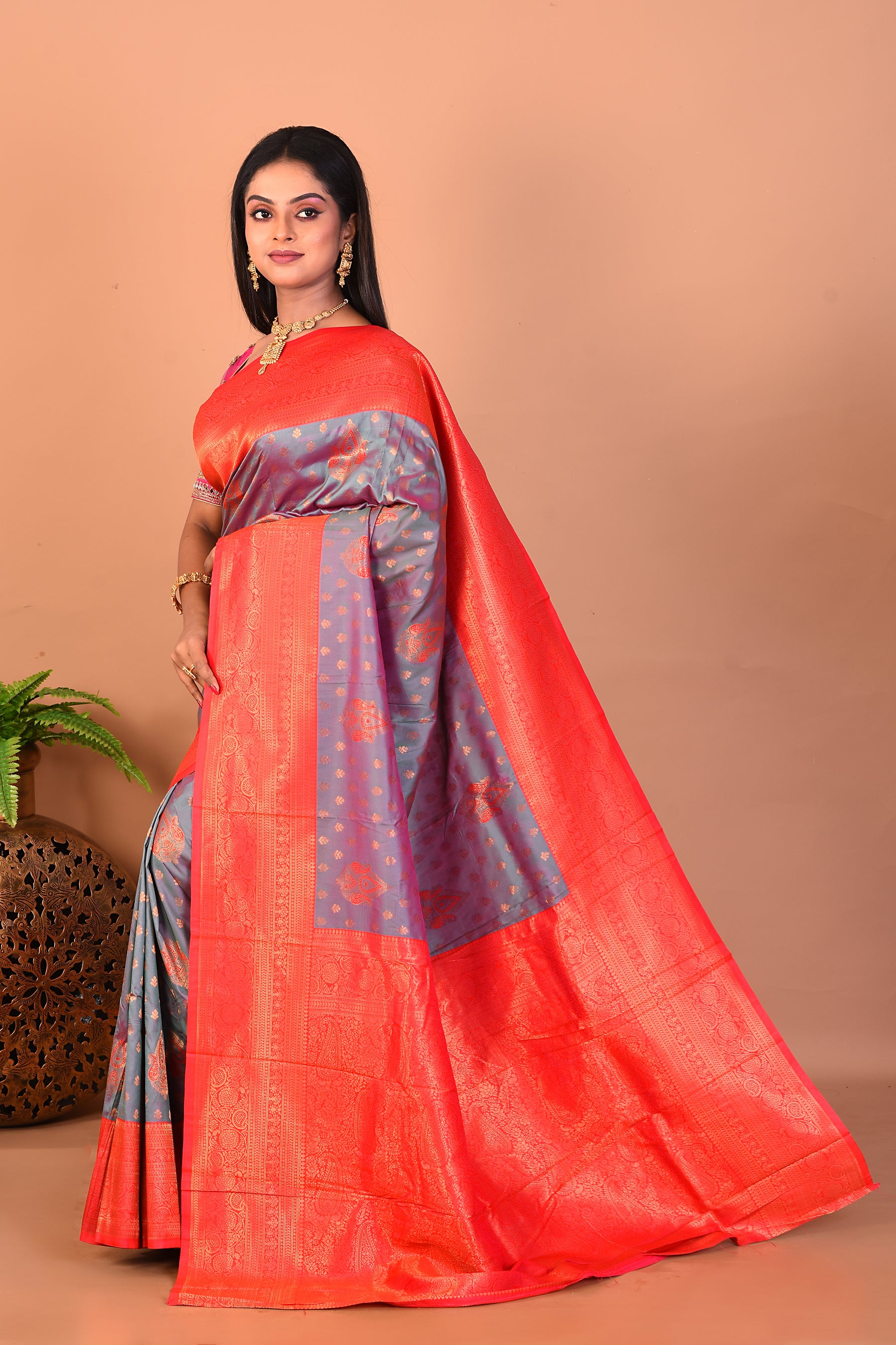 Dual Tone Grey Blended Katan Silk Saree - Keya Seth Exclusive