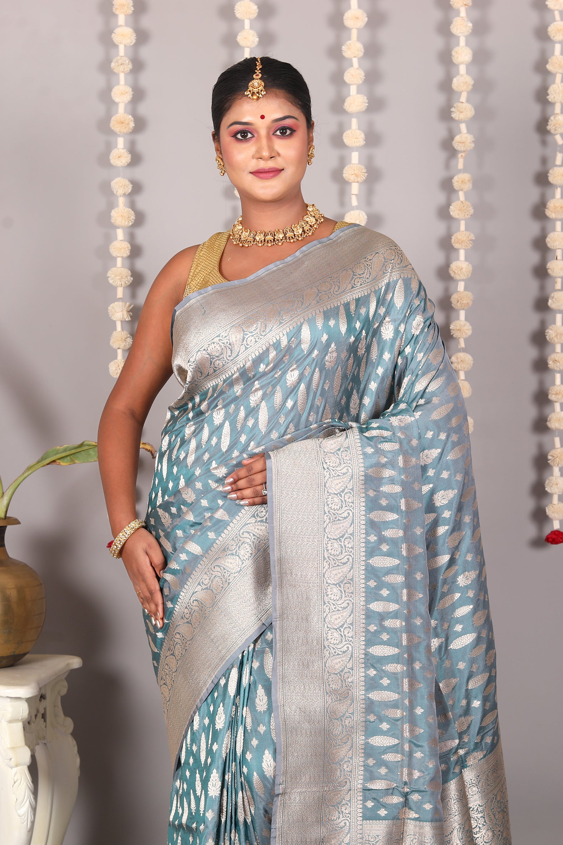 Light Blue Pure Katan Saree - Keya Seth Exclusive