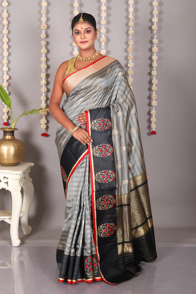 Grey Striped Pure Katan Silk Saree - Keya Seth Exclusive