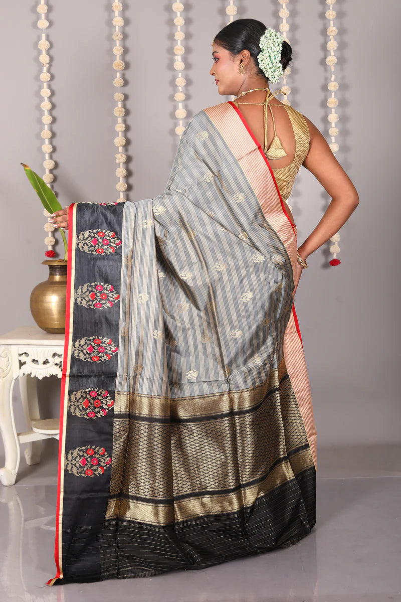 Grey Striped Pure Katan Silk Saree - Keya Seth Exclusive