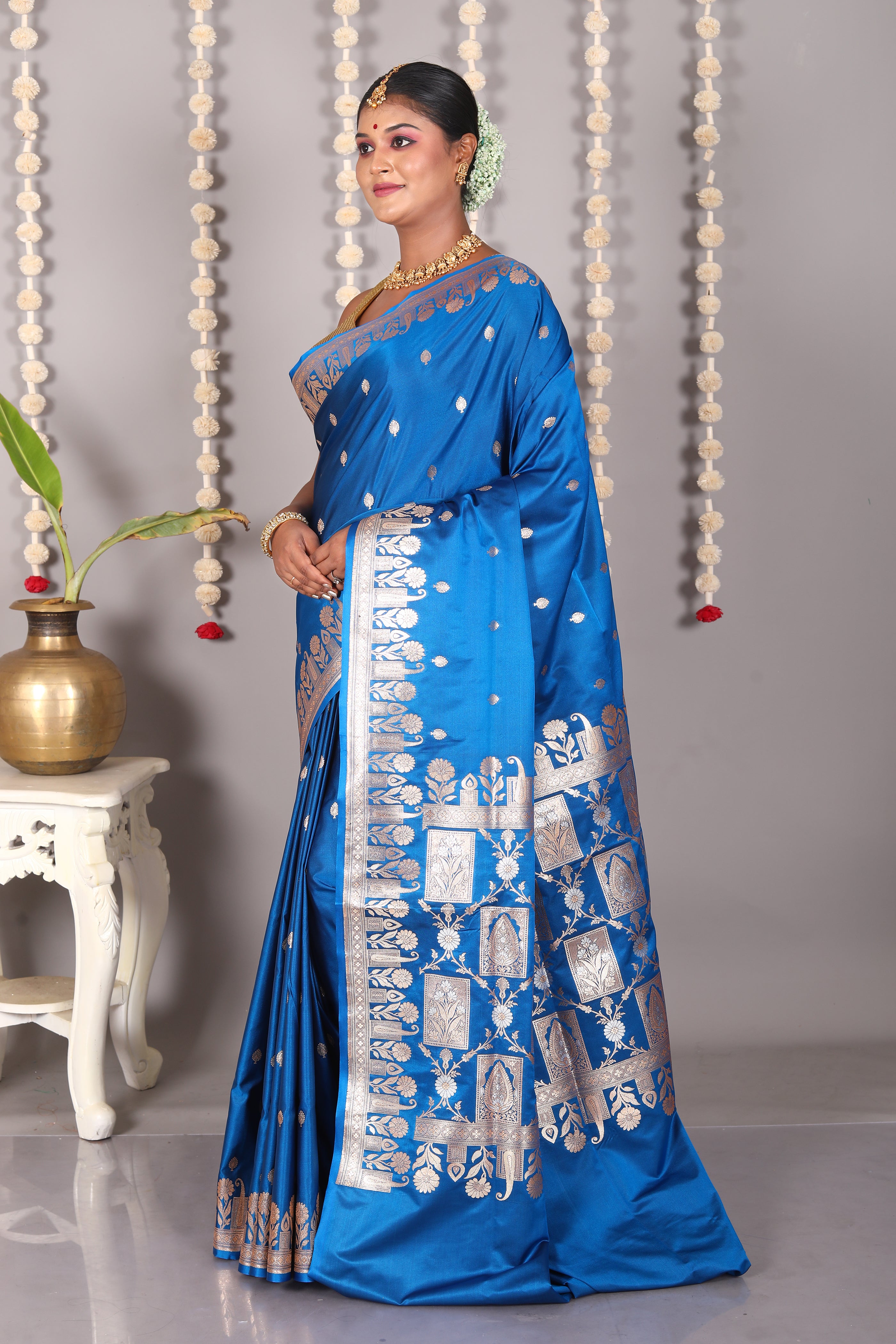 Blue Blended Mashru Katan Banarasi Silk Saree - Keya Seth Exclusive