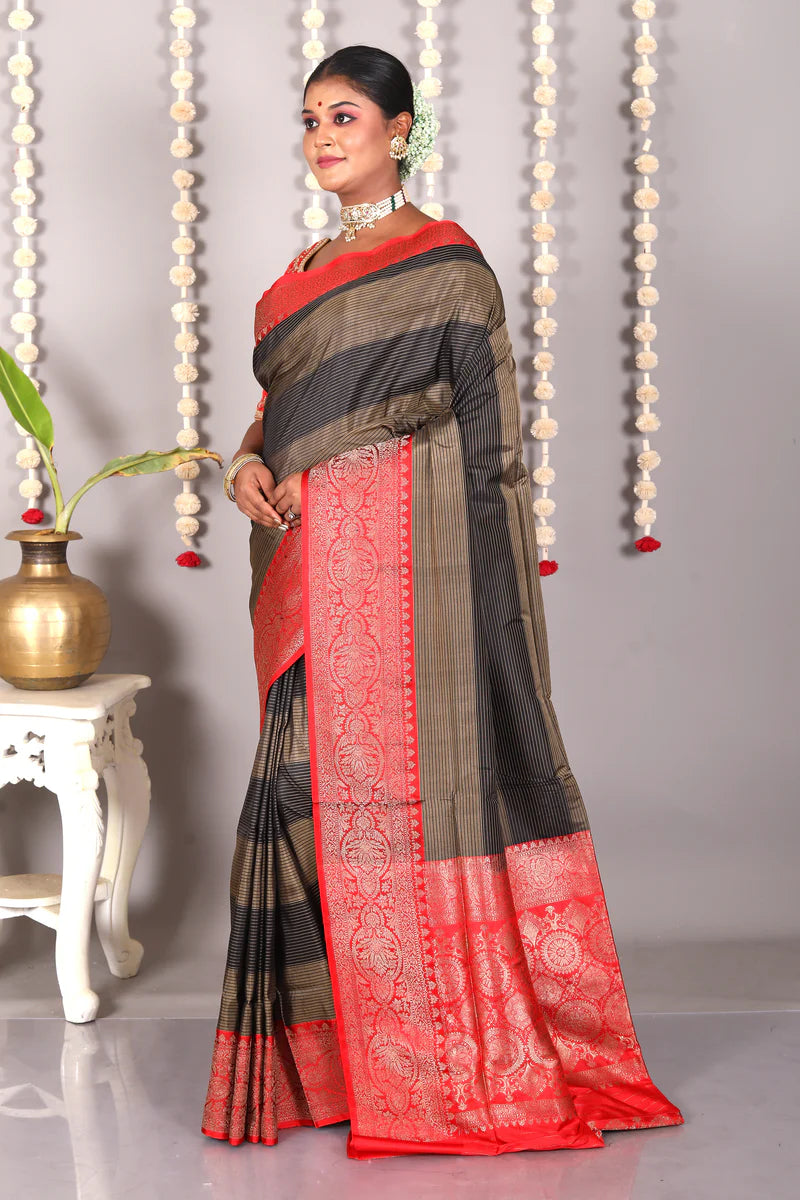 Black Striped Pure Katan Silk Saree - Keya Seth Exclusive