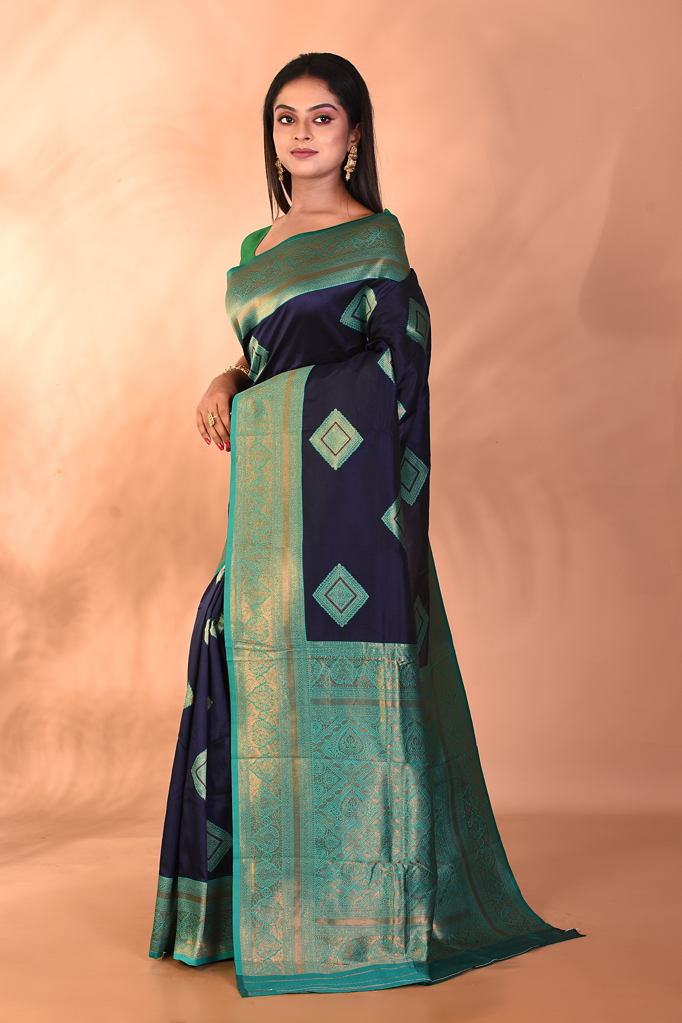 Navy Blue Blended Katan Silk Saree - Keya Seth Exclusive