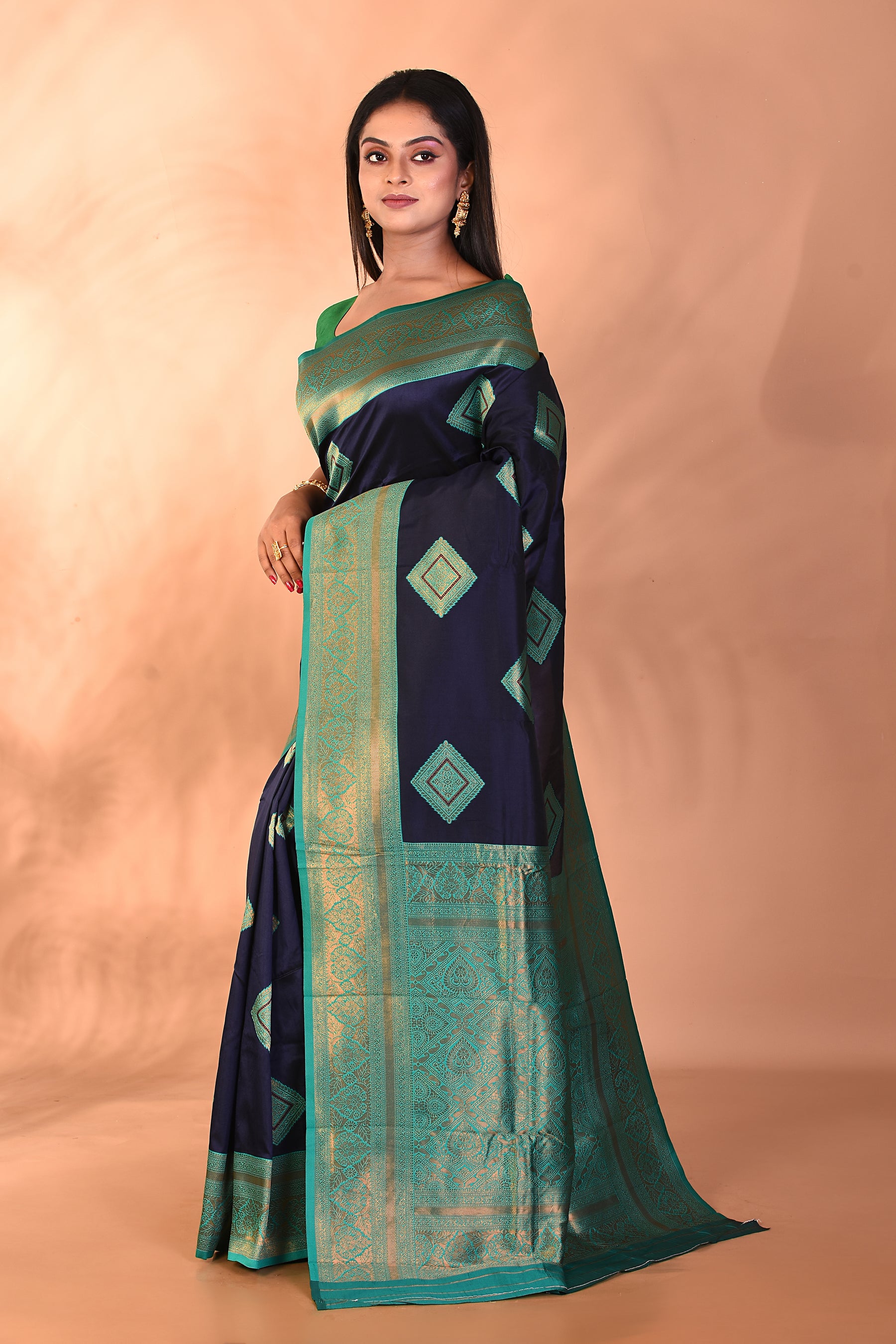 Navy Blue Blended Katan Silk Saree - Keya Seth Exclusive