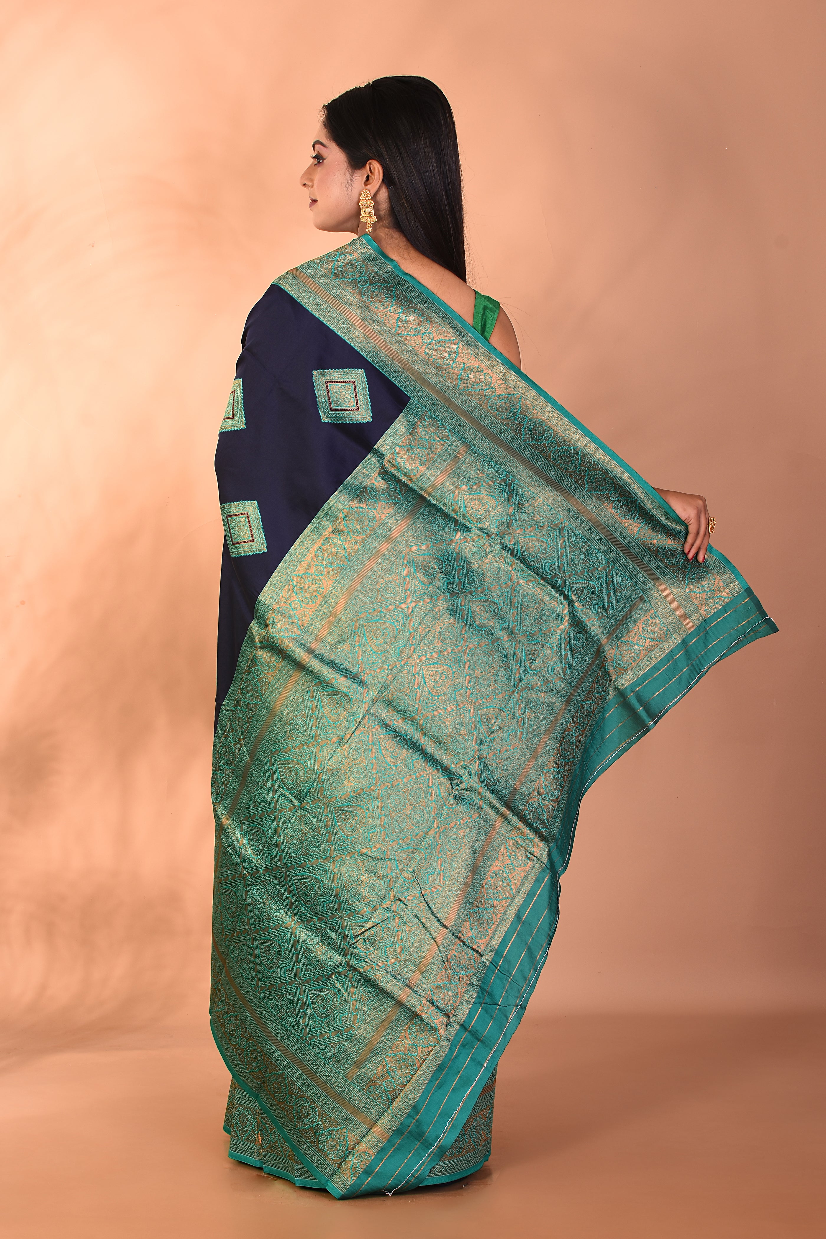 Navy Blue Blended Katan Silk Saree - Keya Seth Exclusive