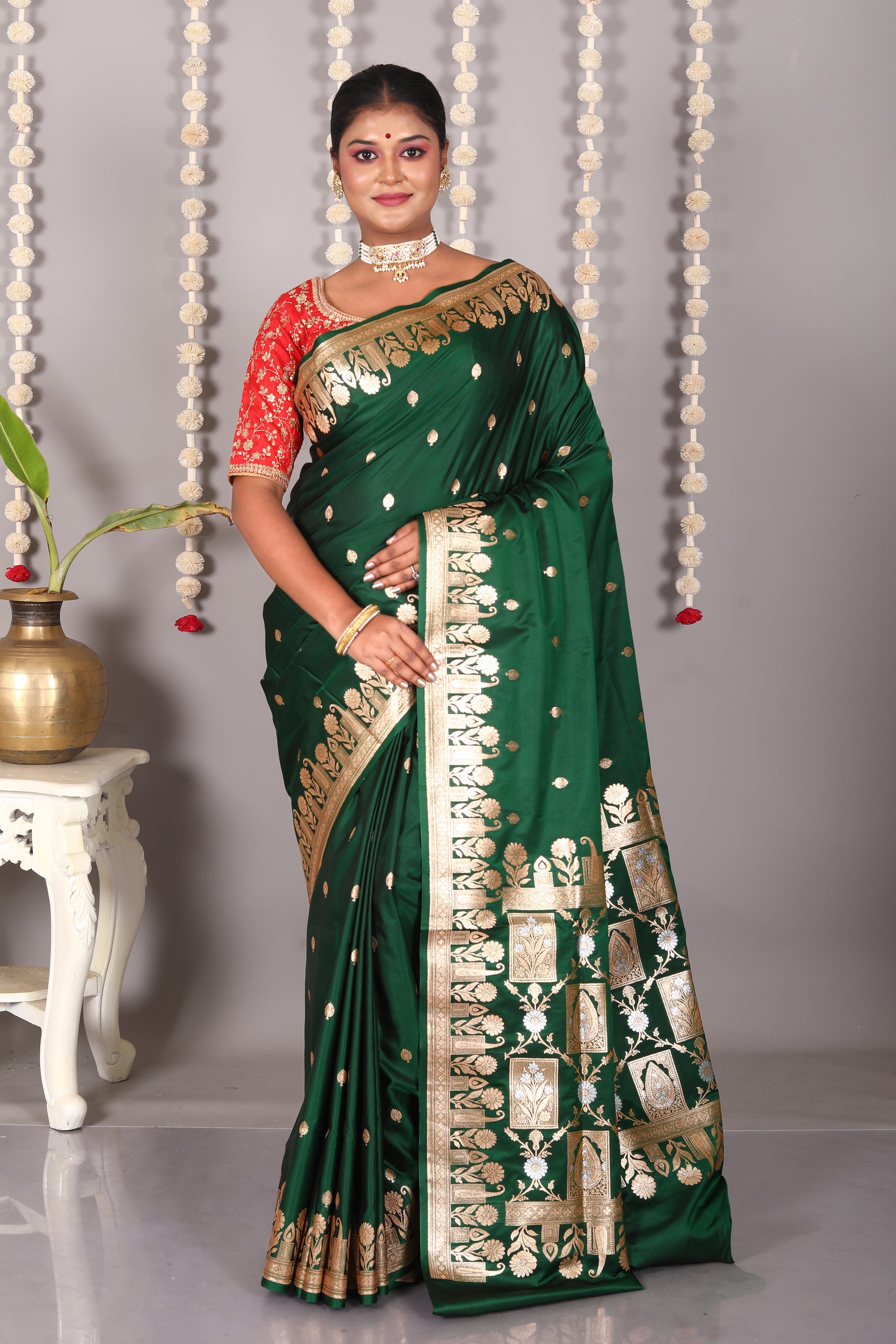 Bottle Green Blended Mashru Katan Banarasi Silk Saree - Keya Seth Exclusive