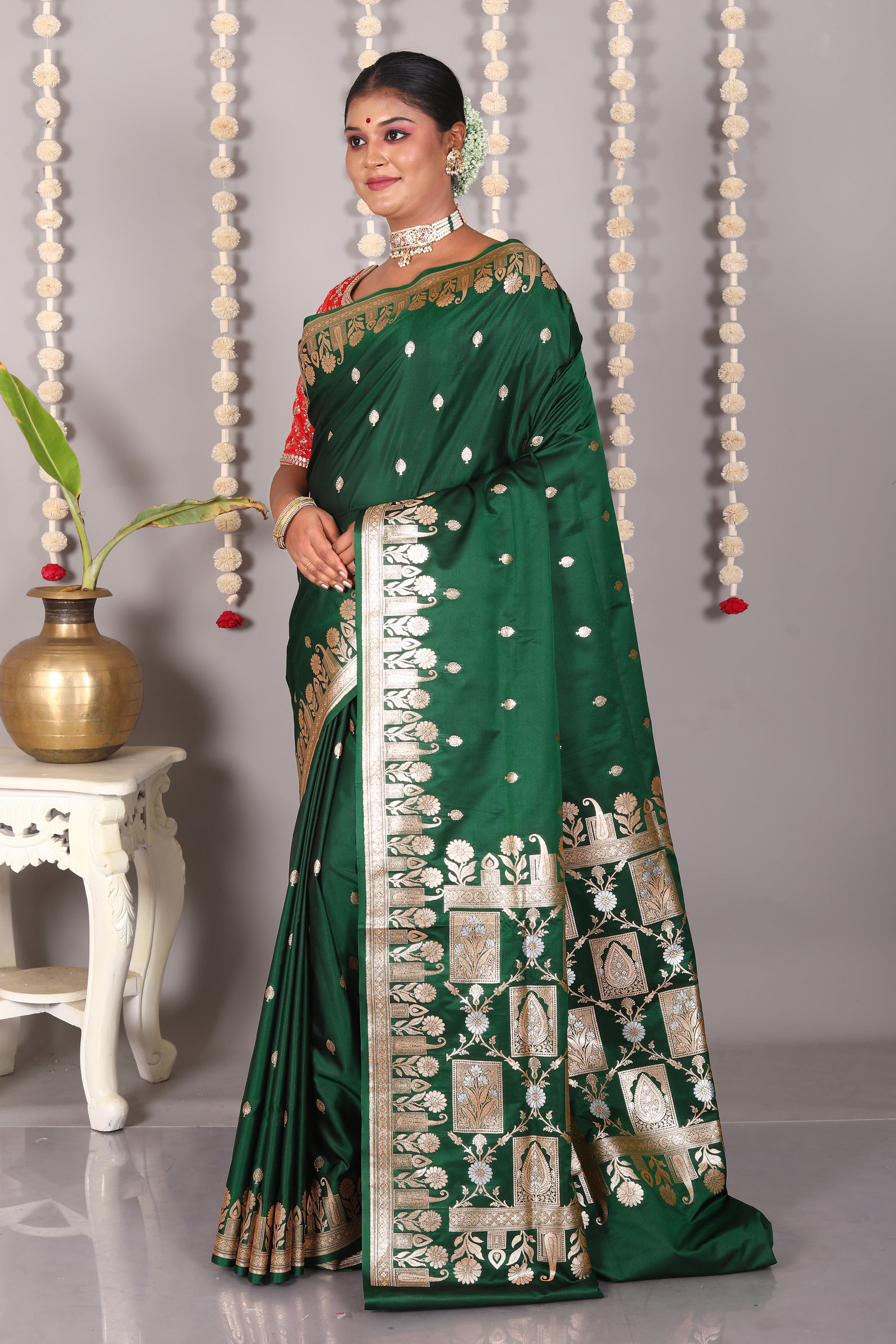 Bottle Green Blended Mashru Katan Banarasi Silk Saree - Keya Seth Exclusive