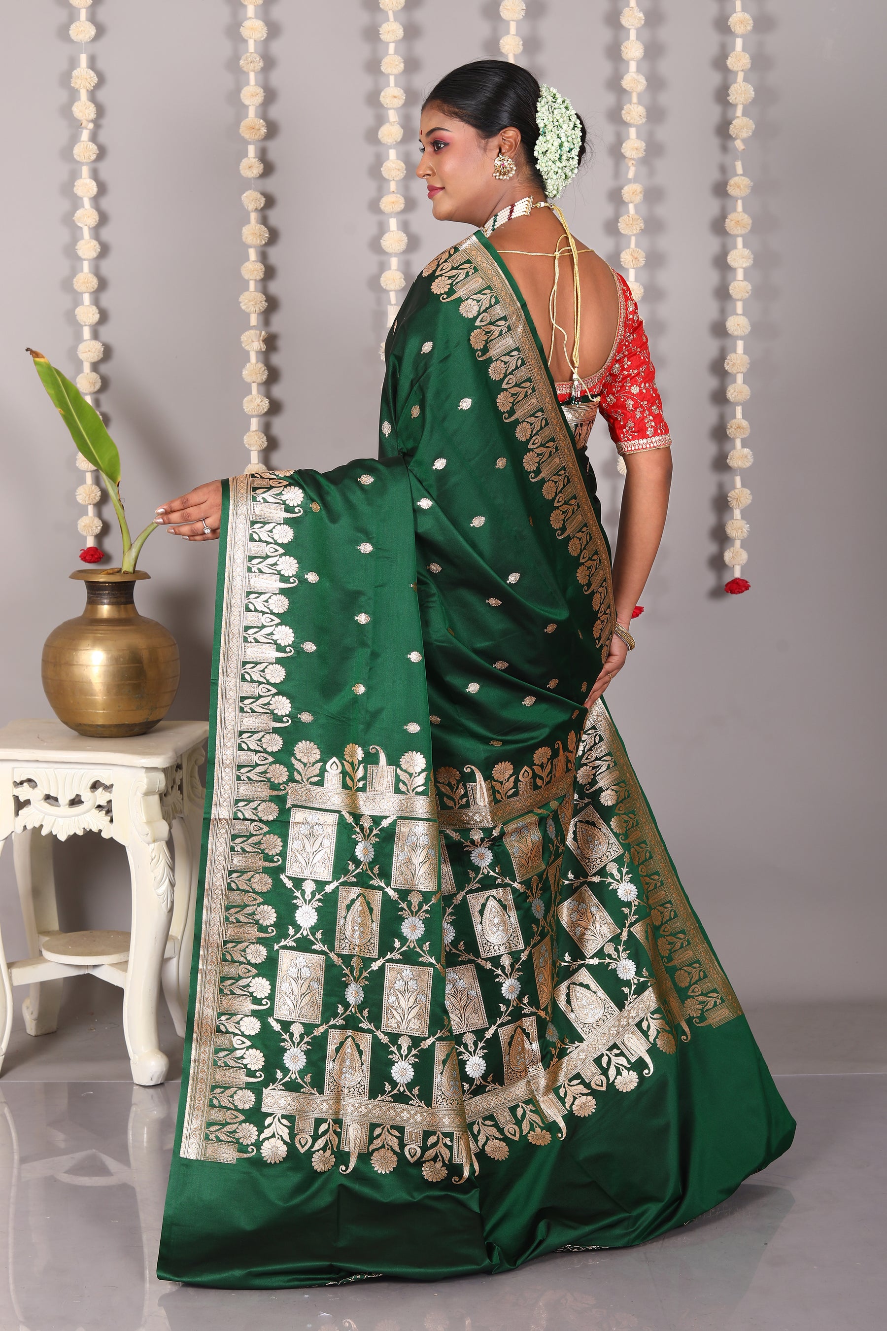 Bottle Green Blended Mashru Katan Banarasi Silk Saree - Keya Seth Exclusive