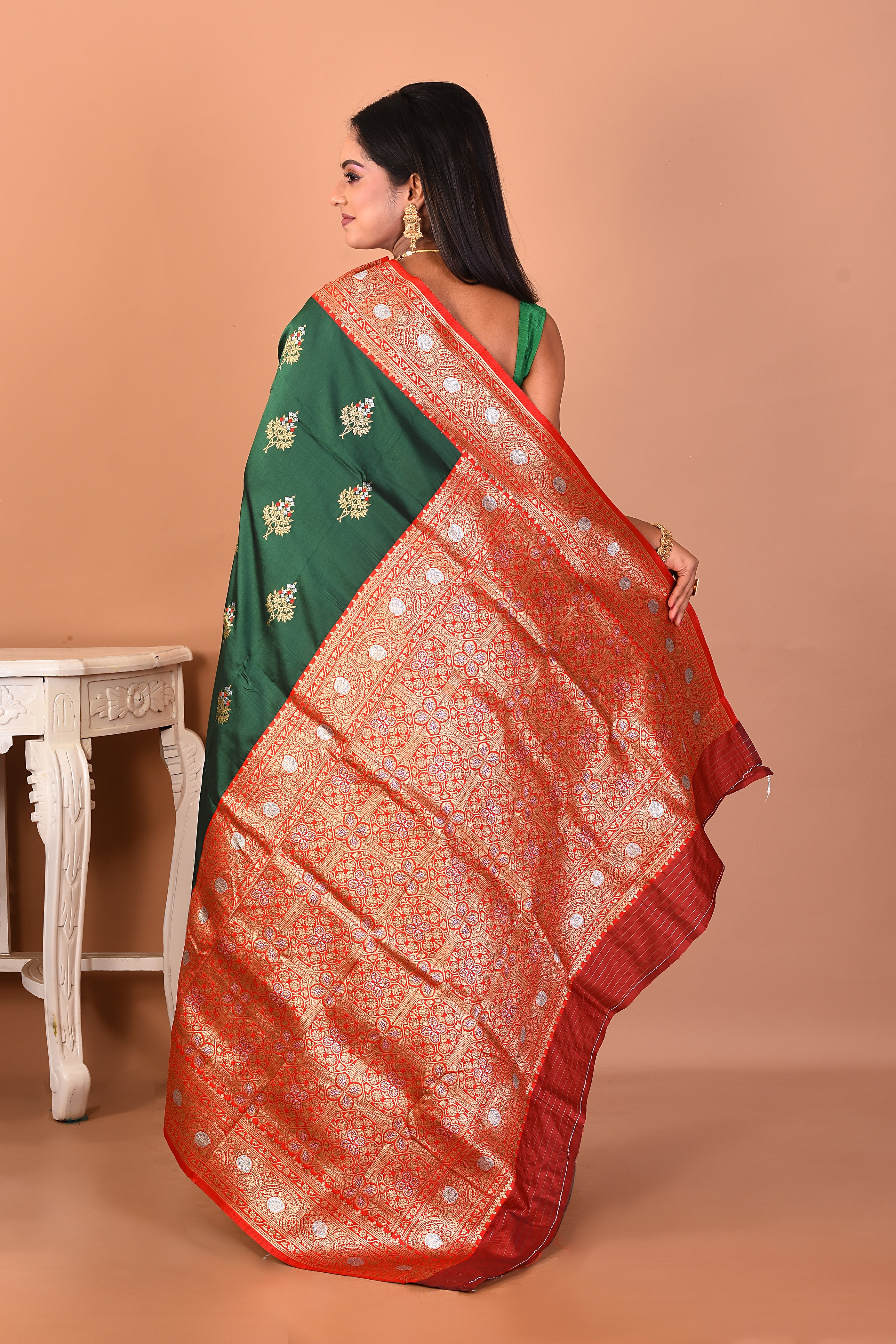 Dark Green Blended Katan Silk Saree - Keya Seth Exclusive